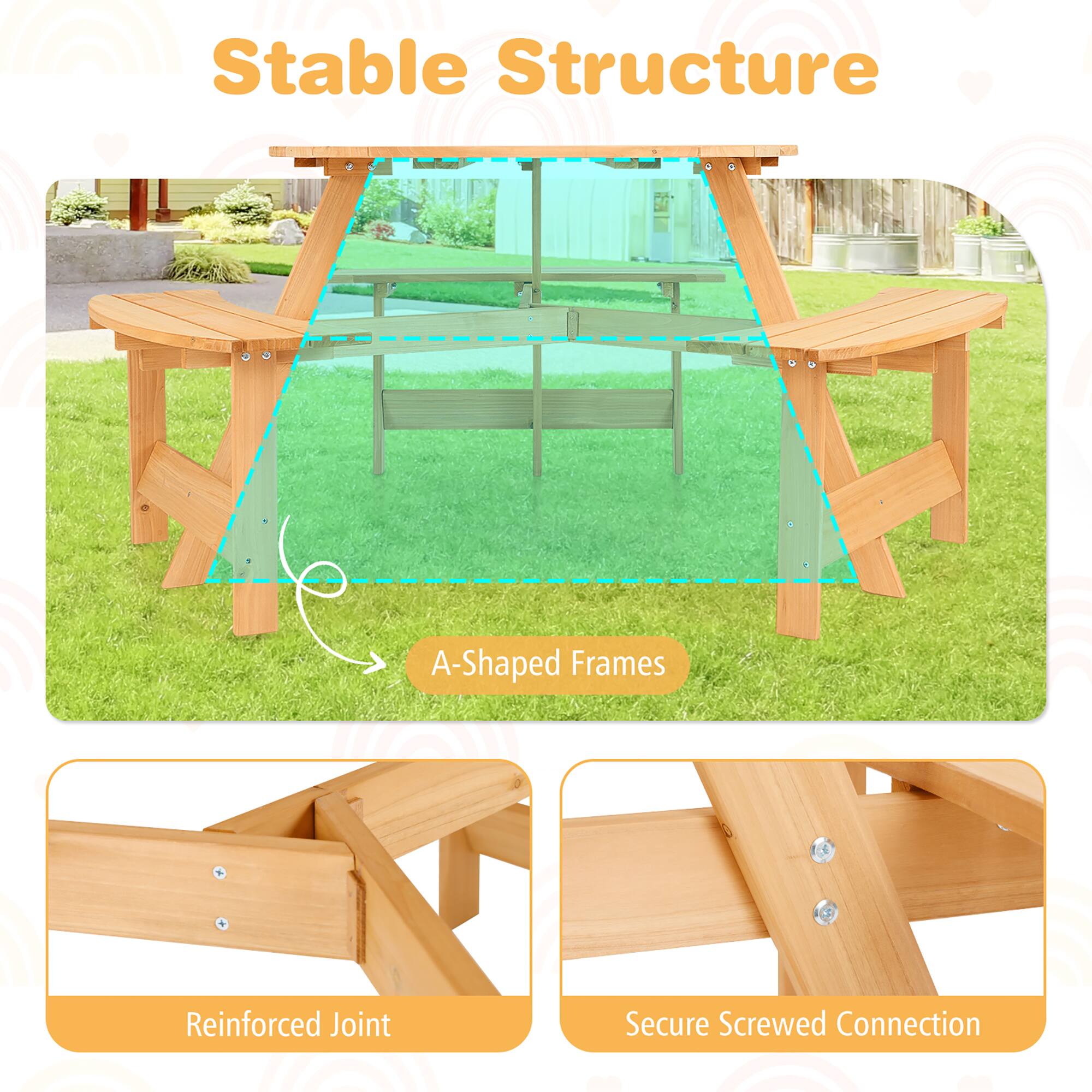 Stable Structure

- A-Shaped Frames
- Reinforced Joint
- Secure Screwed Connection