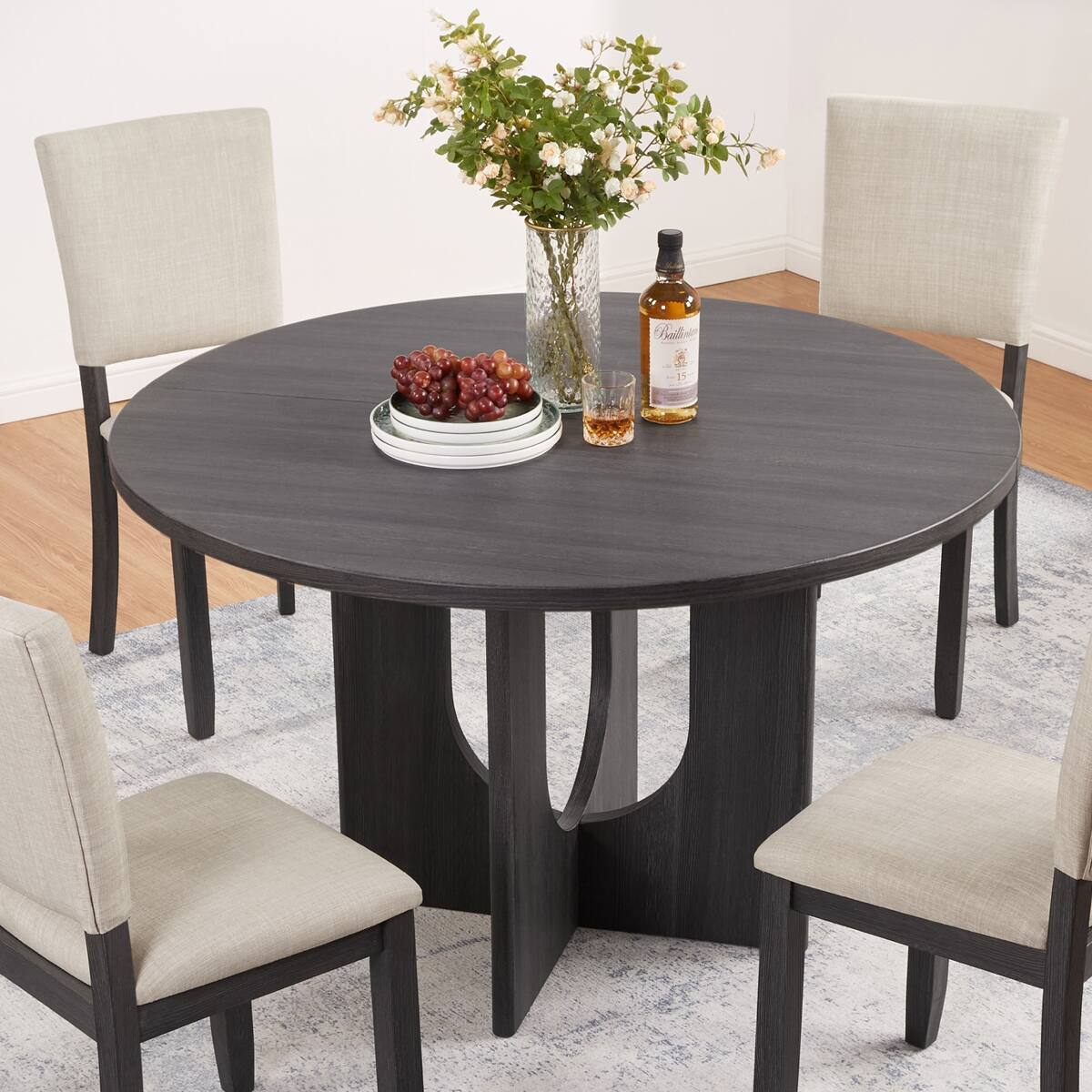 Angle. Loheer - Loheer Round Dining Table for 4, 47.3-Inch MDF Table with Antique Black Finish - Antique Black.