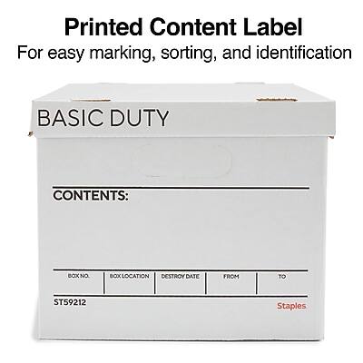 Printed Content Label  
For easy marking, sorting, and identification  

BASIC DUTY  

CONTENTS:  

BOX NO. | BOX LOCATION | DESTROY DATE | FROM | TO  
ST59212 | | | | Staples