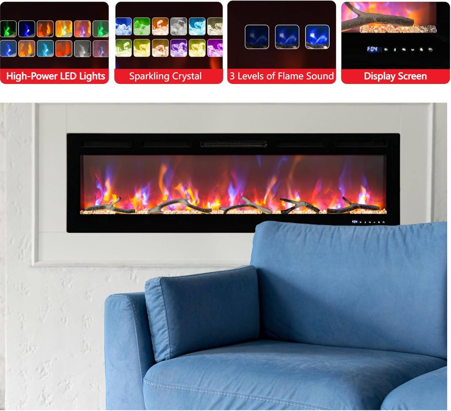 FOY High-Power LED Lights Sparkling Crystal 3 Levels of Flame Sound Display Screen