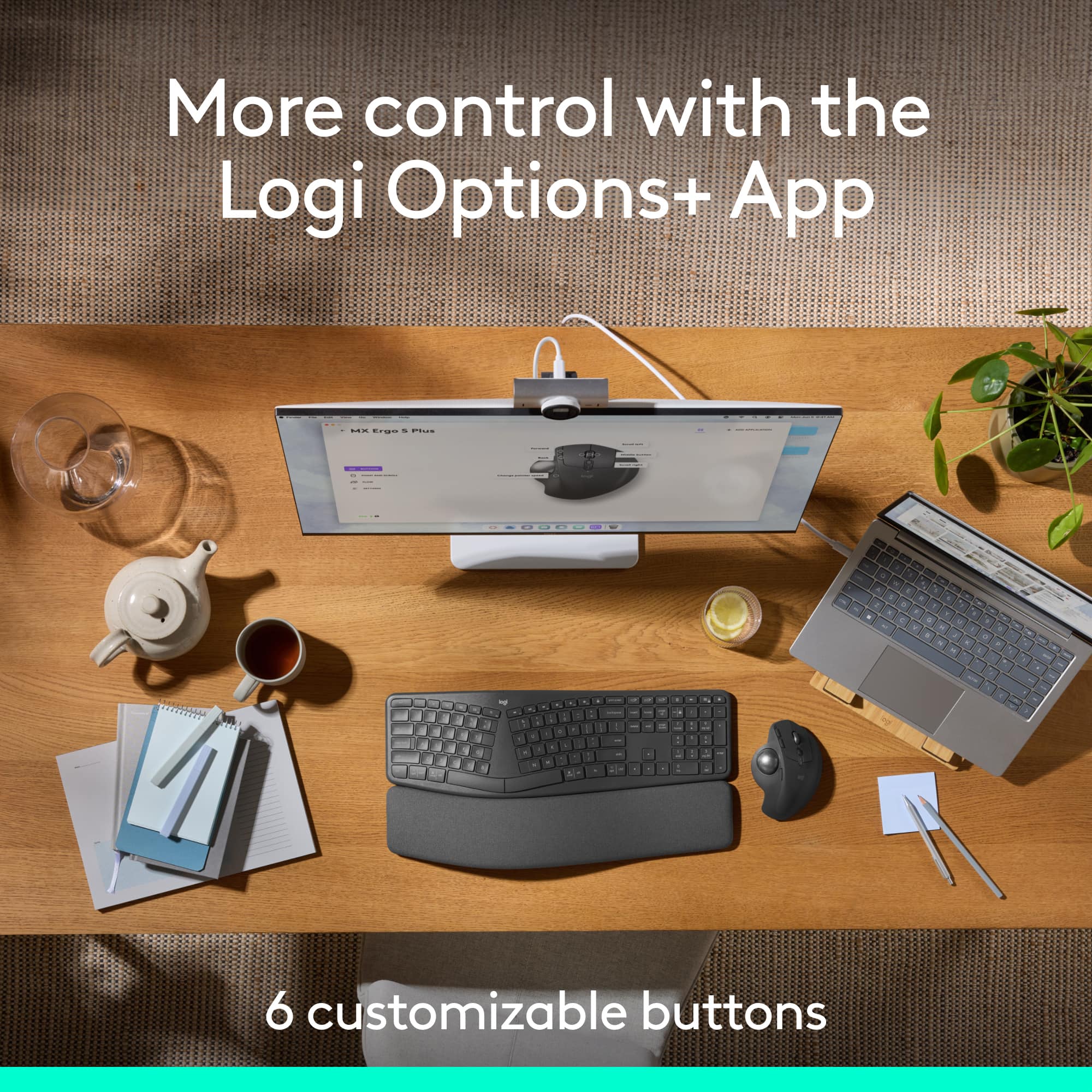 More control with the Logi Options+ App: 6 customizable buttons.