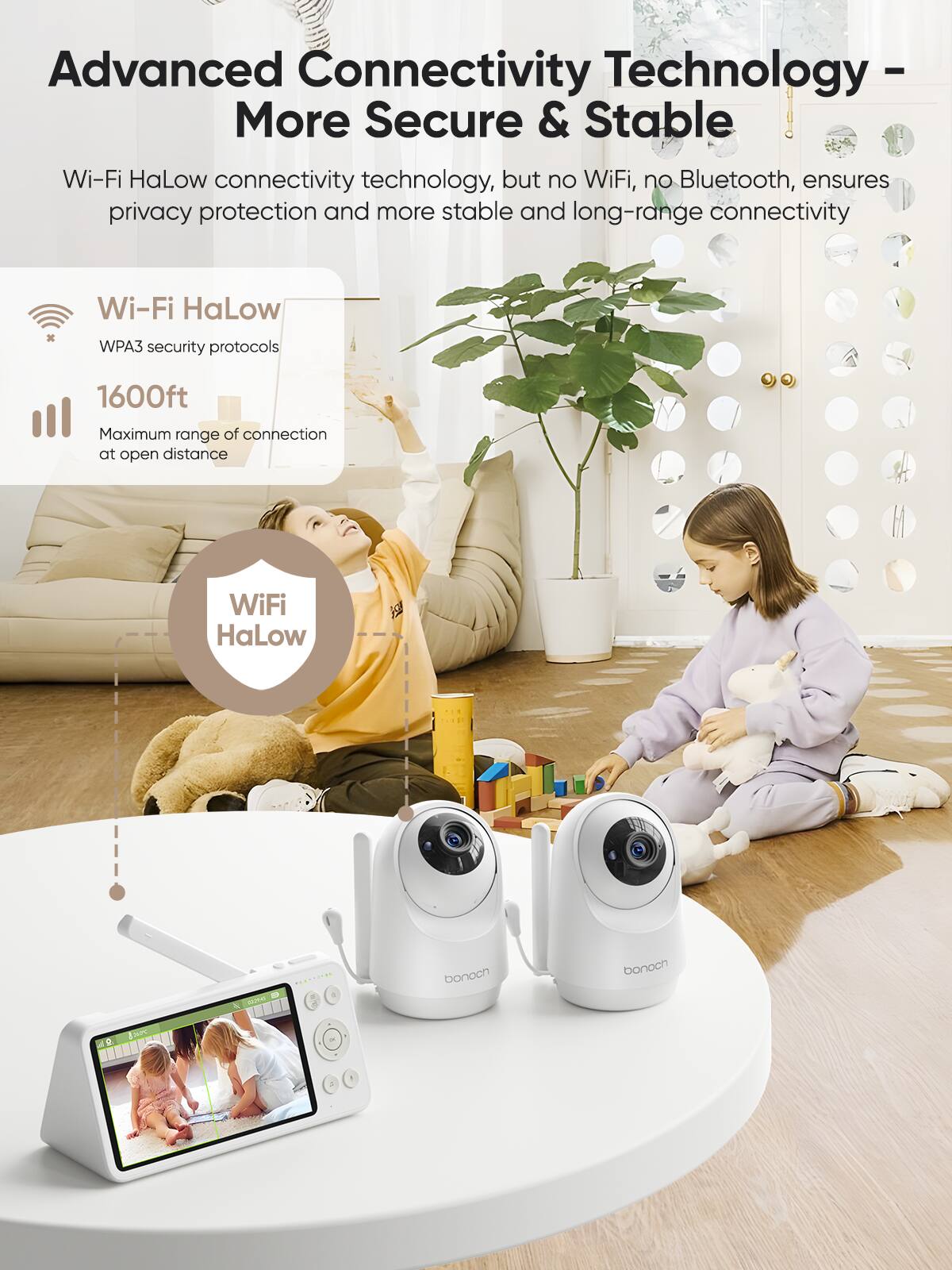 Advanced Connectivity Technology - More Secure & Stable

Wi-Fi HaLow connectivity technology, but no WiFi, no Bluetooth, ensures privacy protection and more stable and long-range connectivity

Wi-Fi HaLow  
WPA3 security protocols

1600ft  
Maximum range of connection at open distance

WiFi HaLow