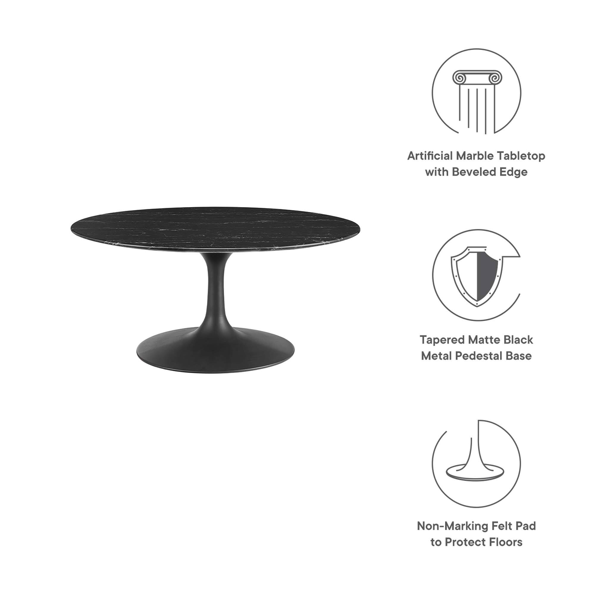 Artificial Marble Tabletop with Beveled Edge

Tapered Matte Black Metal Pedestal Base

Non-Marking Felt Pad to Protect Floors