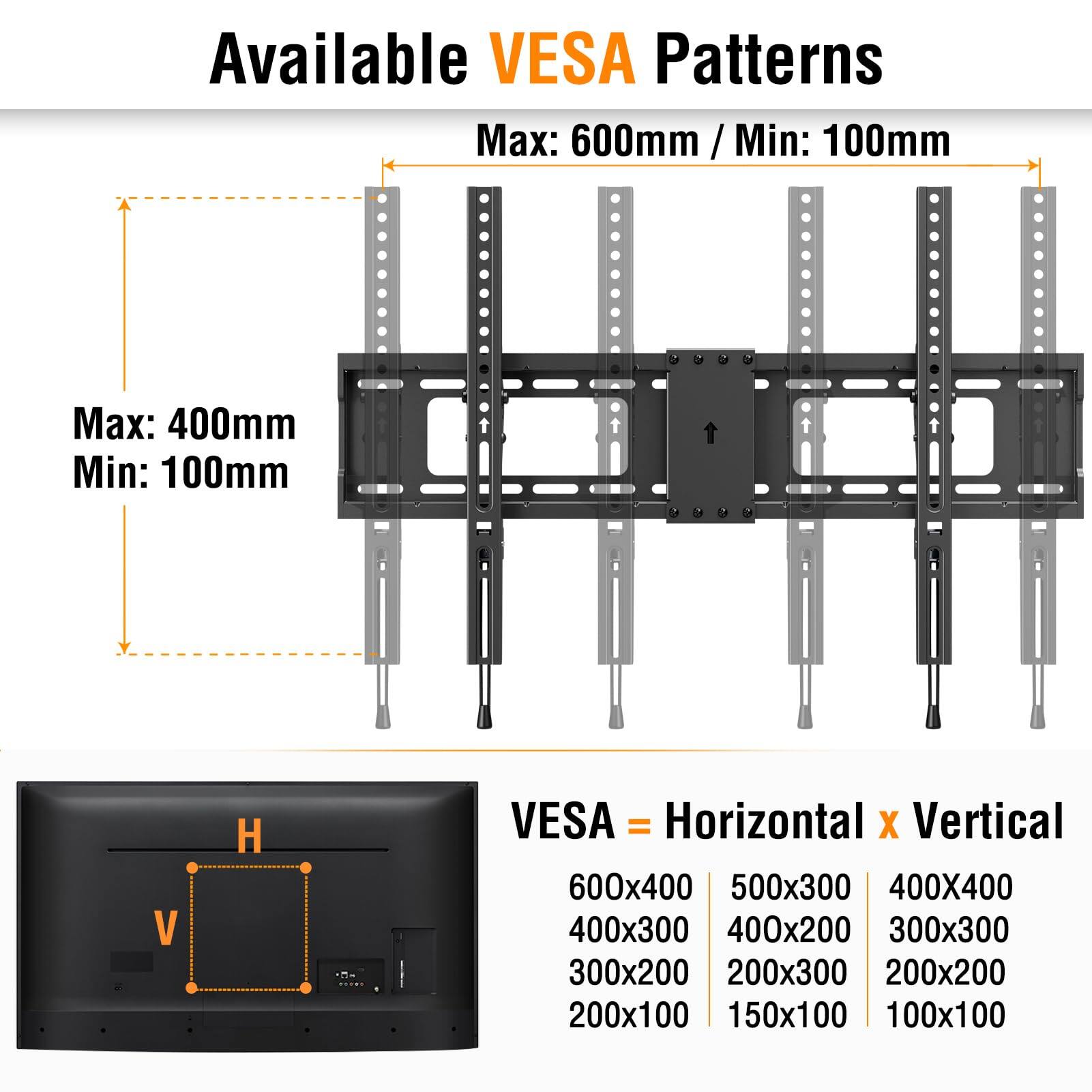 Available VESA Patterns  
Max: 600mm / Min: 100mm  
Max: 400mm / Min: 100mm  

VESA = Horizontal x Vertical  

600x400  
500x300  
400x400  
400x300  
400x200  
300x300  
300x200  
200x300  
200x200  
200x100  
150x100  
100x100