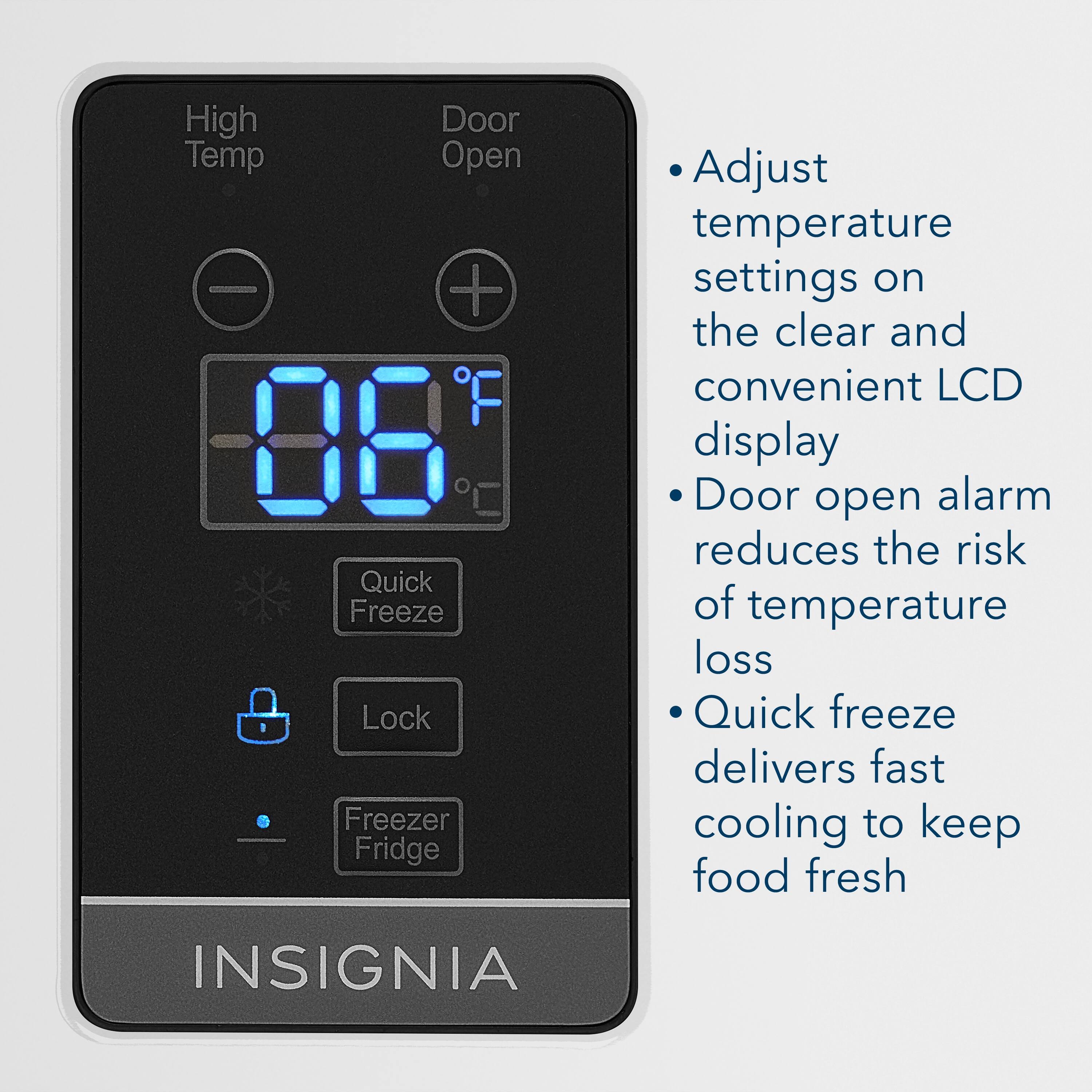 The text on the image is already grouped and correctly written. It reads:

"High Door Temp Open + 08 Quick Freeze Lock Freezer Fridge Adjust temperature settings on the clear and convenient LCD display Door open alarm reduces the risk of temperature loss Quick freeze delivers fast cooling to keep food fresh INSIGNIA."