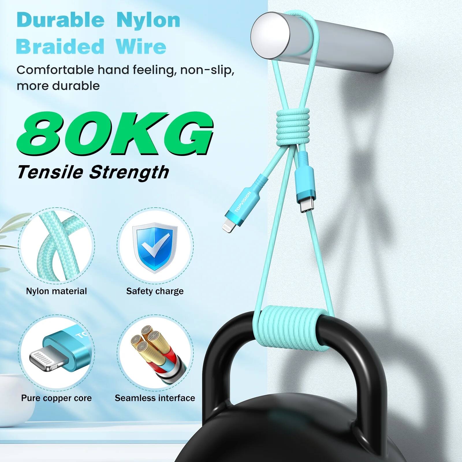 Durable Nylon Braided Wire  
Comfortable hand feeling, non-slip, more durable  

80KG Tensile Strength  

- Nylon material  
- Safety charge  
- Pure copper core  
- Seamless interface