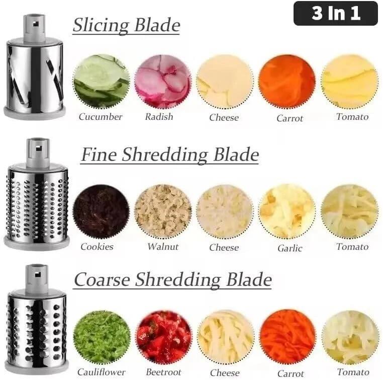 Slicing Blade  
- Cucumber  
- Radish  
- Cheese  
- Carrot  
- Tomato  

Fine Shredding Blade  
- Cookies  
- Walnut  
- Cheese  
- Garlic  
- Tomato  

Coarse Shredding Blade  
- Cauliflower  
- Beetroot  
- Cheese  
- Carrot  
- Tomato  

3 In 1