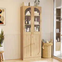 Aheaplus - 80'' Tall Bathroom Storage Cabinet, 6-Tier Linen Cabinet with Glass Doors and Adjustable Shelves - Nature Oak