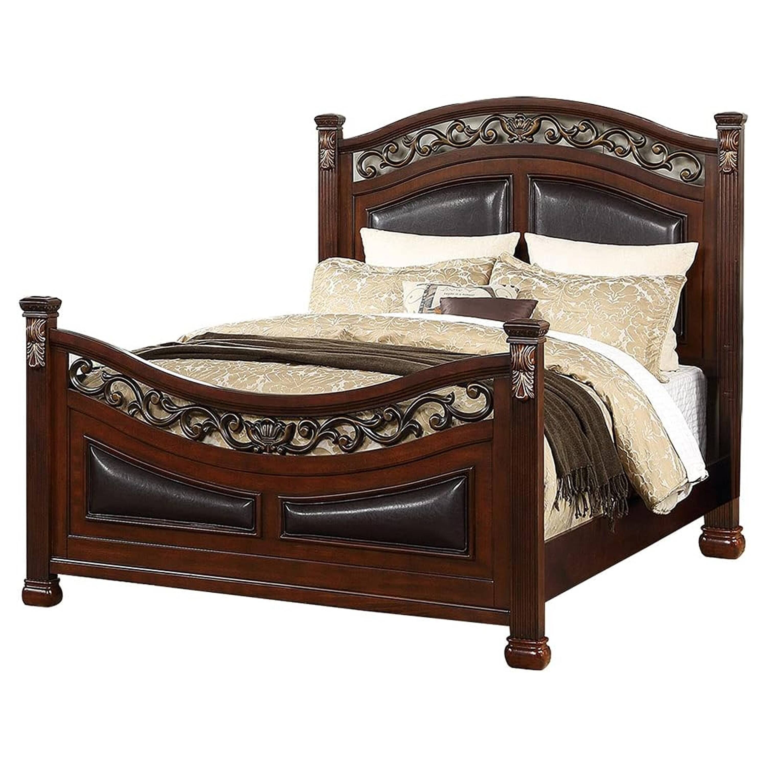 Alt View 1. Manhattan Lane - Meo Queen Size Bed, Padded Carved Dark Brown Faux Leather Upholstered - Brown.