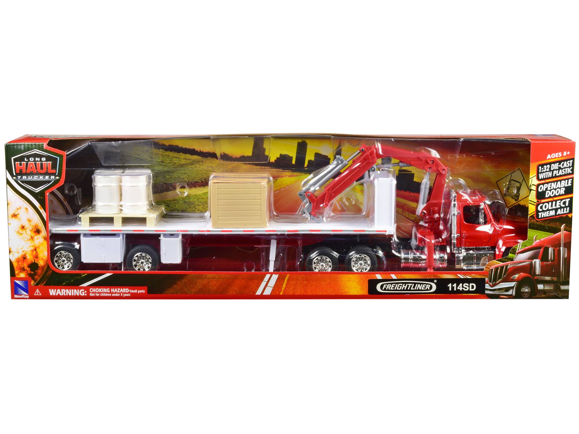 LONG HAUL TRUCKER AGES 8+ 1:32 DIE-CAST WITH PLASTIC OPENABLE DOOR COLLECT THEM ALL!  
WARNING: CHOKING HAZARD - Small parts. Not for children under 3 years.  
FREIGHTLINER 114SD