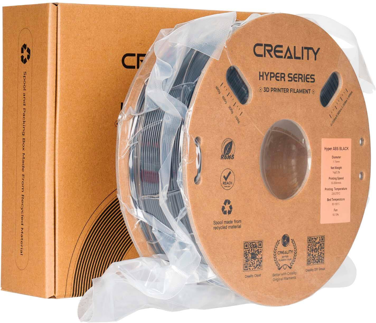 Creality Hyper Series 3D Printer Filament 300g - 100g Hyper ABS Black ROHS Compliant - 30-3mm Printing Speed - 2527 Bed Temperature - 1.3% Spool made from recycled material.