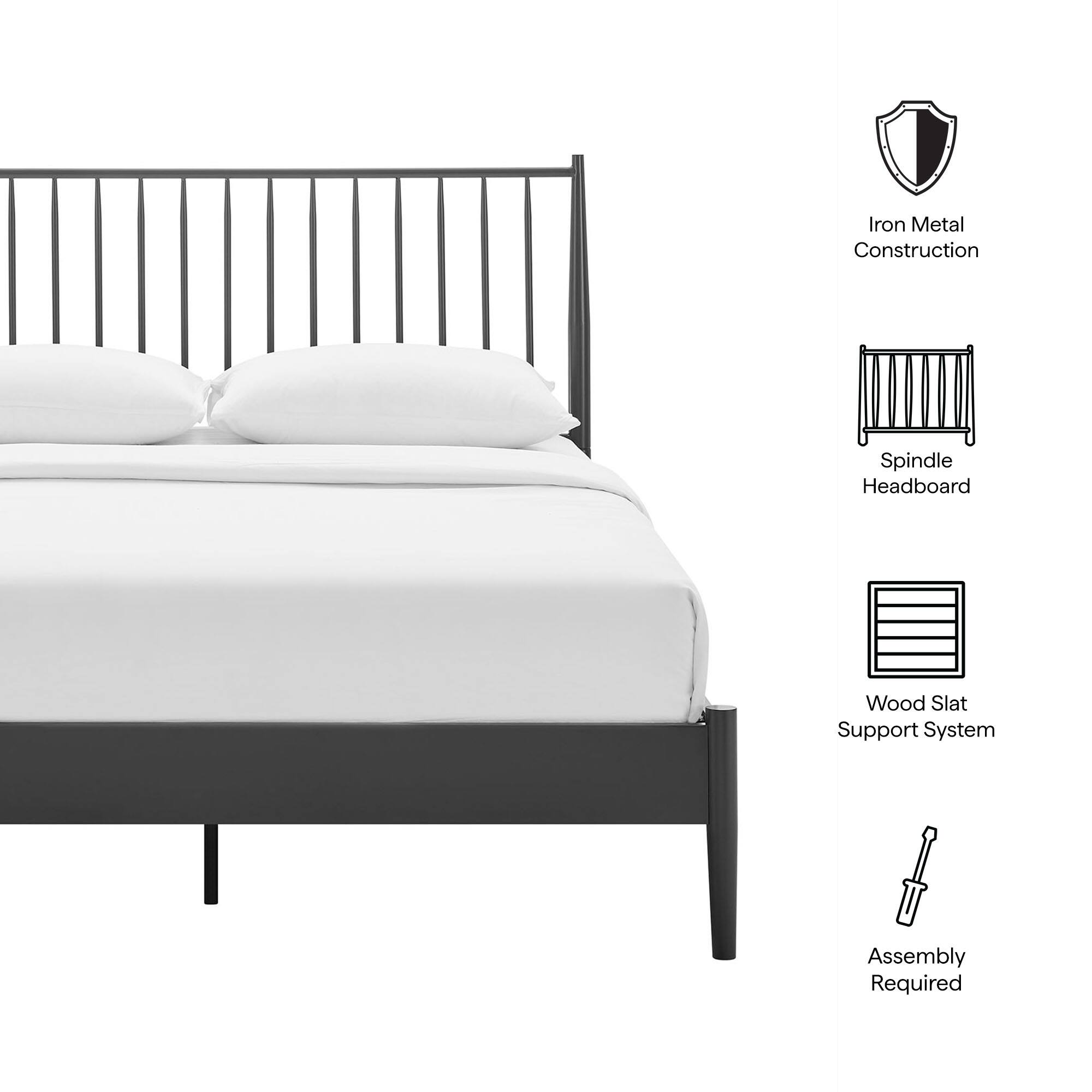 - Iron Metal Construction
- Spindle Headboard
- Wood Slat Support System
- Assembly Required
