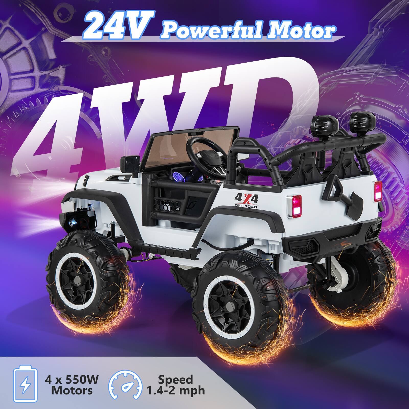 24V Powerful Motor  
4WD  
4 x 550W Motors  
Speed 1.4-2 mph