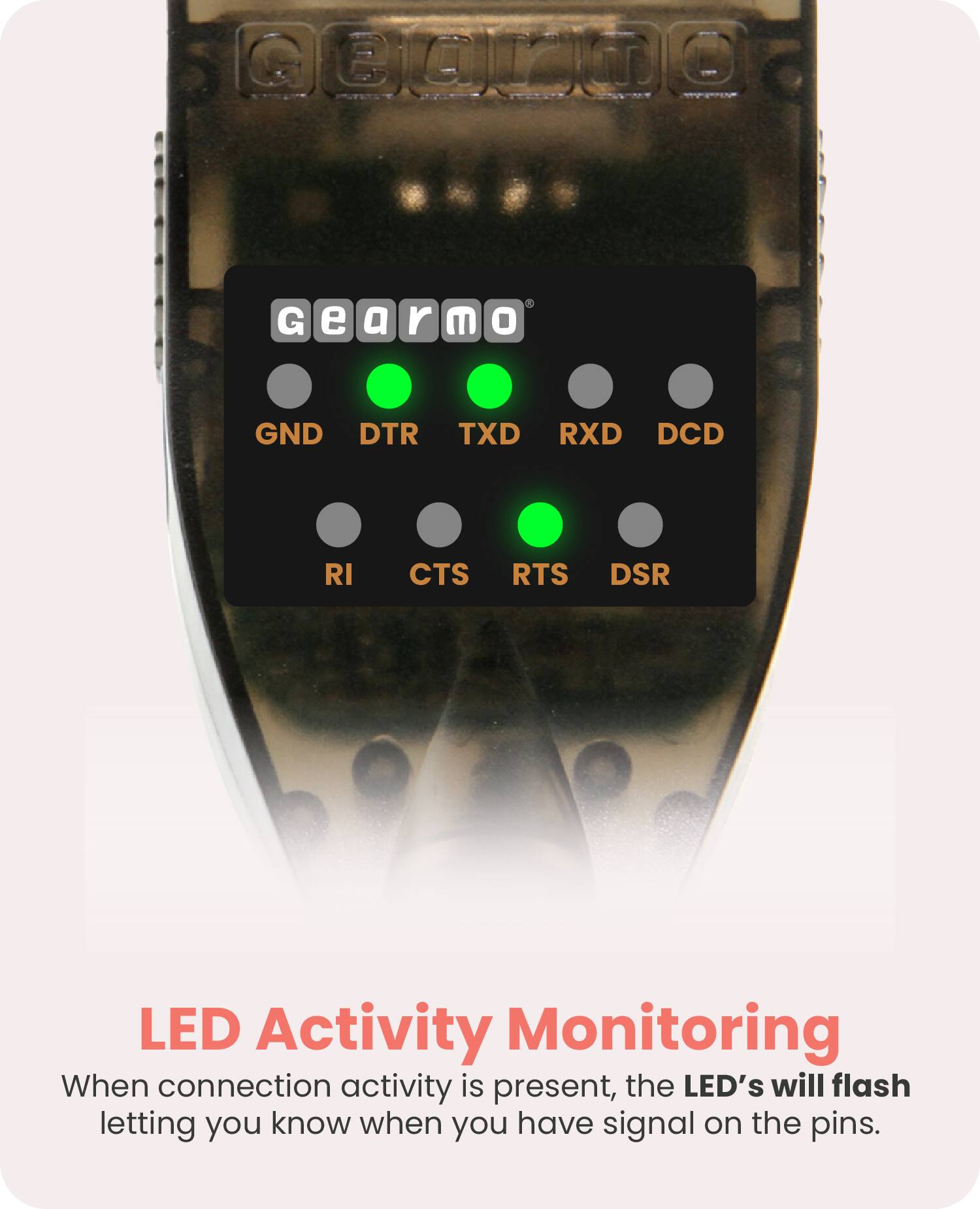 Gearmo

GND DTR TXD RXD DCD  
RI CTS RTS DSR

LED Activity Monitoring

When connection activity is present, the LED's will flash letting you know when you have signal on the pins.