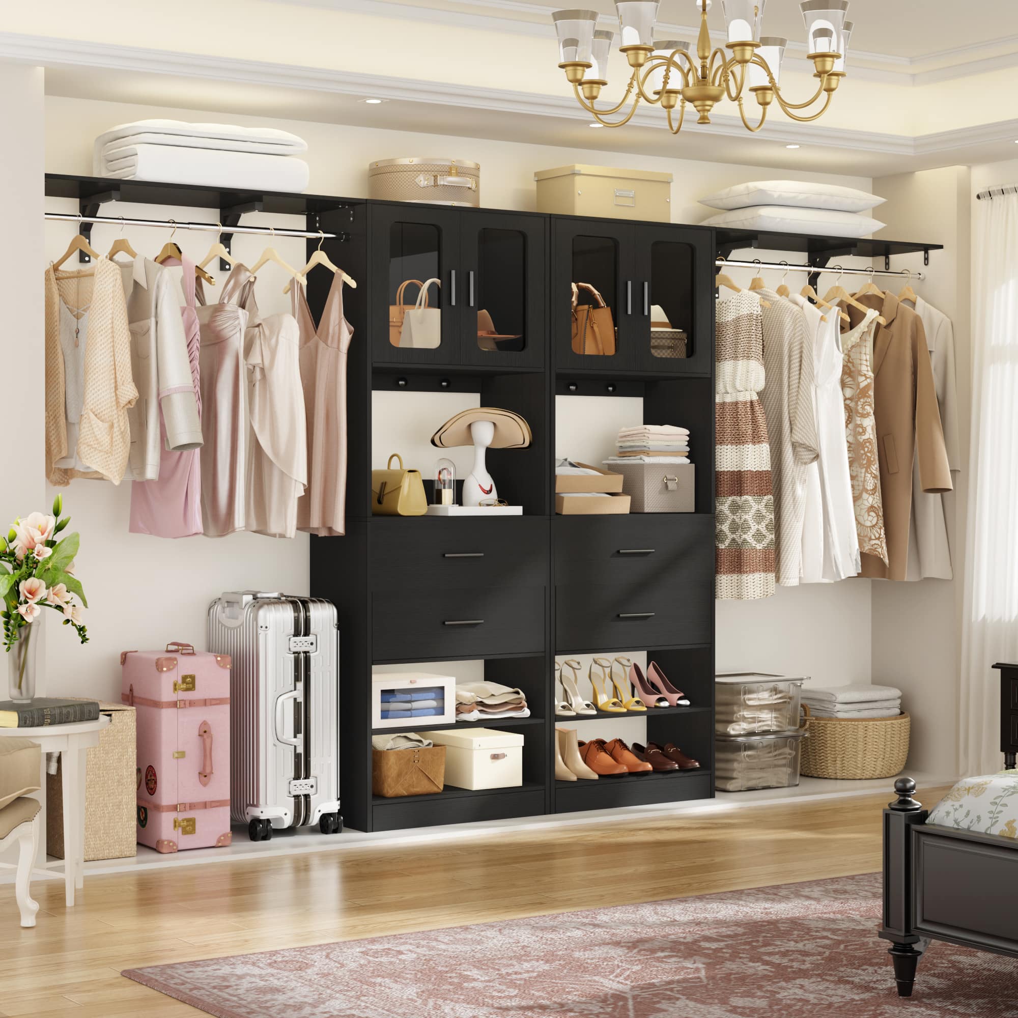 Aheaplus - 41'' - 120'' Adjustable Wardrobe System with Drawers, Cabinets, and Hanging Rods, Large Closet System Sets - Black