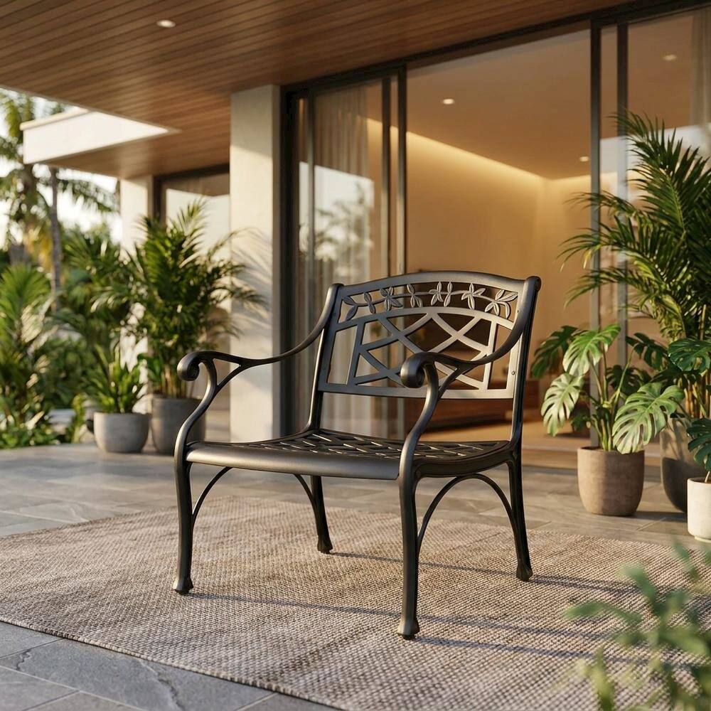 Alt View 4. Outdoor Escape - Outdoor black club chair with sturdy armrest and classic design - Black.
