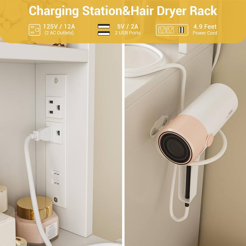 Charging Station & Hair Dryer Rack

- 125V / 12A (2 AC Outlets)
- 5V / 2A (2 USB Ports)
- 4.9 Feet Power Cord