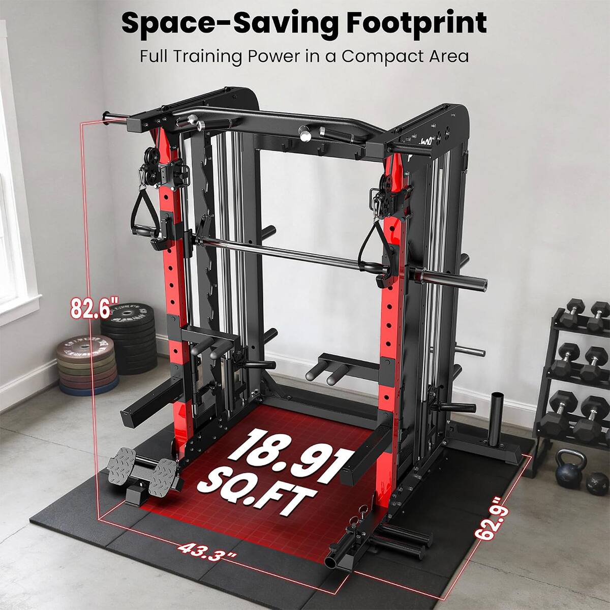 Space-Saving Footprint  
Full Training Power in a Compact Area  

82.6"  
18.91 SQ.FT  
43.3"  
62.9"