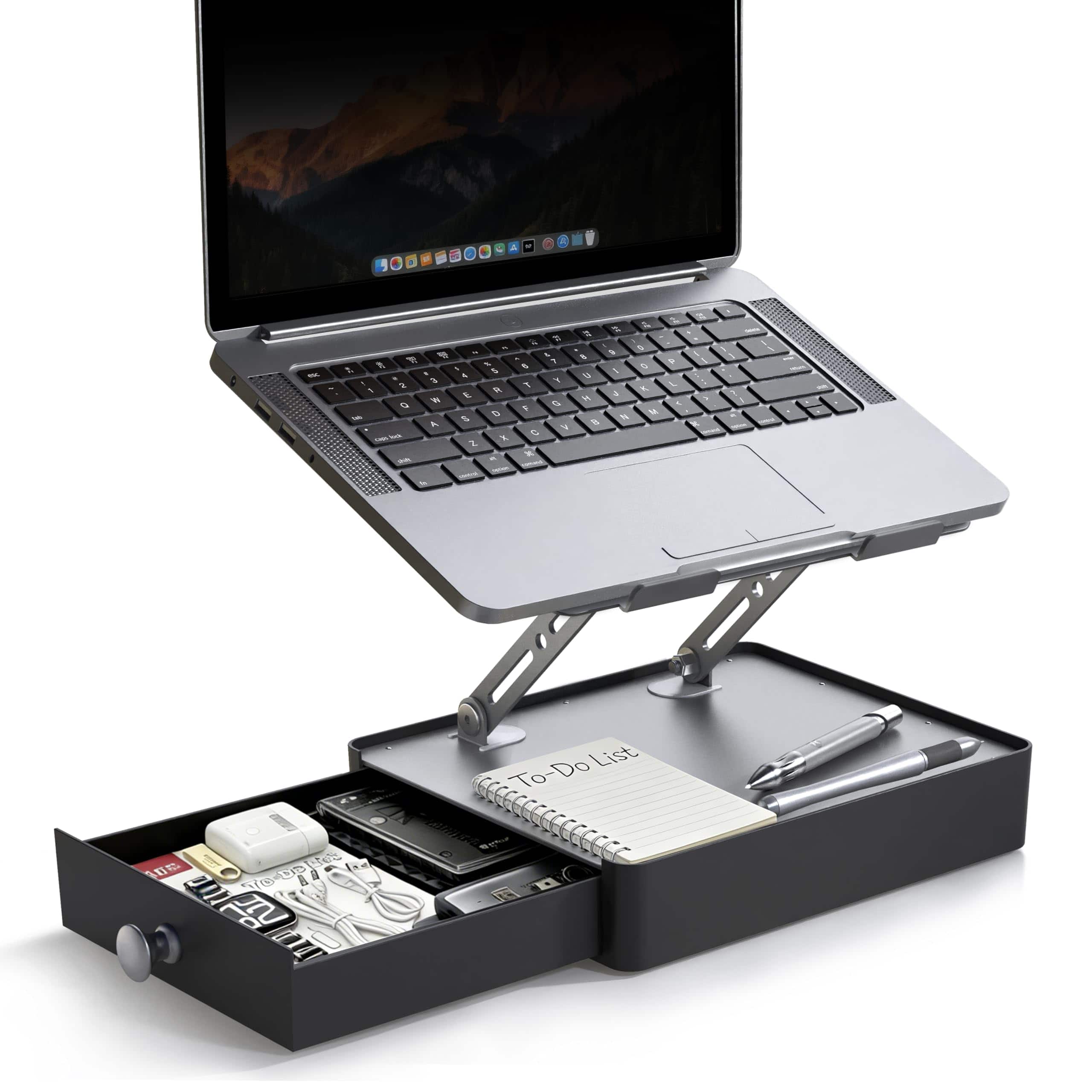 HongFei - Ergonomic Laptop Stand with Storage Drawer, Adjustable Height & Angle, Non-Slip Base, Fits 10–16" Laptops - Gray