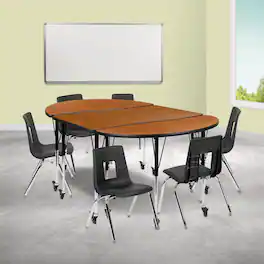 Emma + Oliver - Mobile 76" Oval Wave Collaborative Laminate Activity Table Set with 16" Student Stack Chairs - Oak