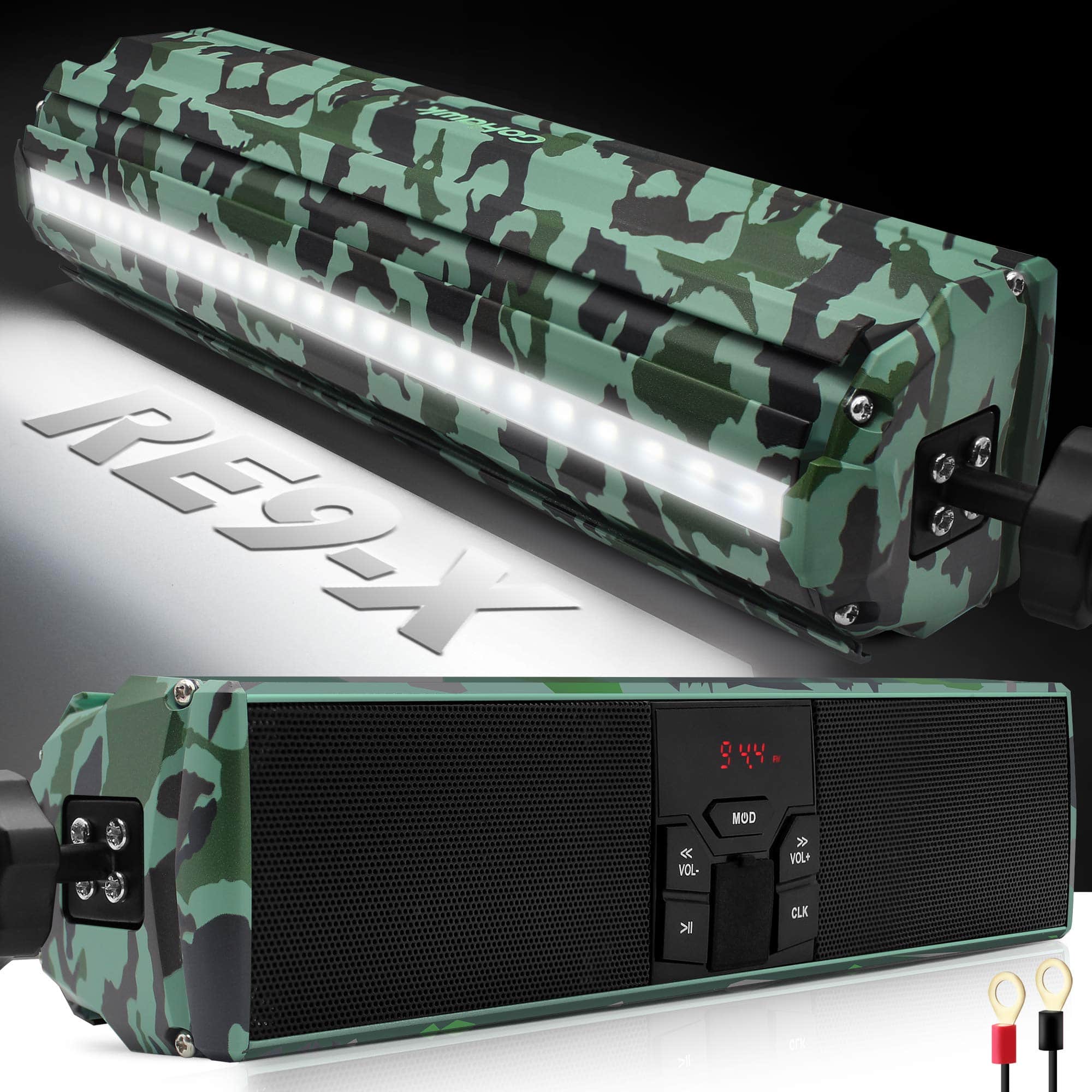 GoHawk - Bluetooth Motorcycle Speakers, Waterproof Soundbar Stereo Audio Stereo System w/ LED, FM Radio, USB Music for ATV, RE9-X - Camo Green