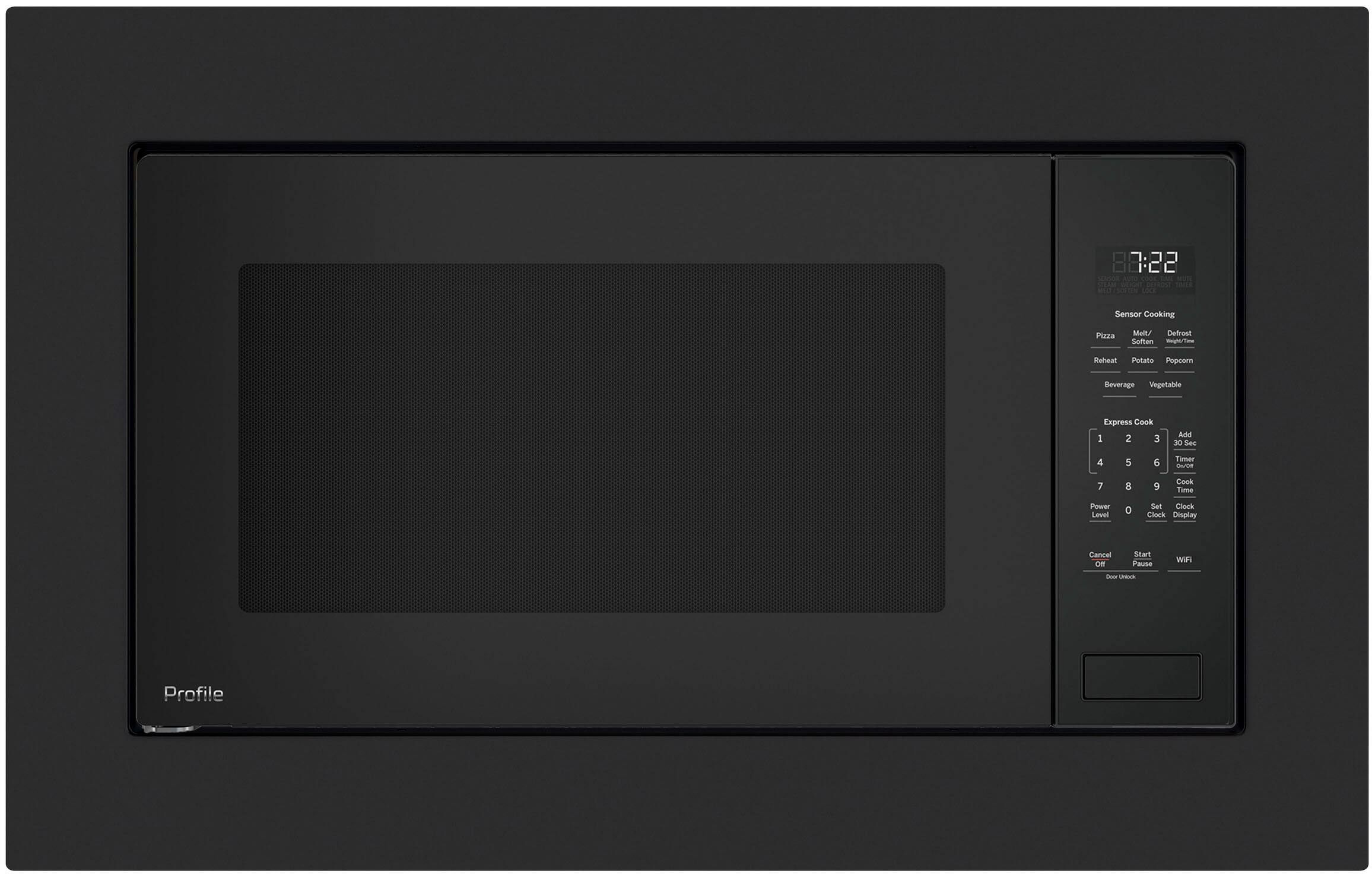 The text on the image reads: "88:22 S Ls Sensor Cooking Pizza Mal/ Detrost Suften -n Reteal Potato Popcom Beverage Vegetable Express Cook 1 2 3J Add DE See 4 5 6 Timer - 7  9 Cosk Time Power Level 0 Sell Clerk Clock Display Cancel ON SEaT Pause WIF - -s Profile." This text appears to be a combination of various settings and instructions for a microwave oven. The settings may include cooking options, power levels, and timer settings. The text also mentions a "sell clerk" and "clock display," which are not typical microwave settings. It is unclear what these terms refer to in the context of a microwave oven.