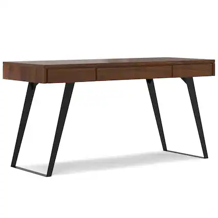 Front. Simpli Home - Lowry 54 inch Wide Solid Wood Desk in Walnut - Walnut.