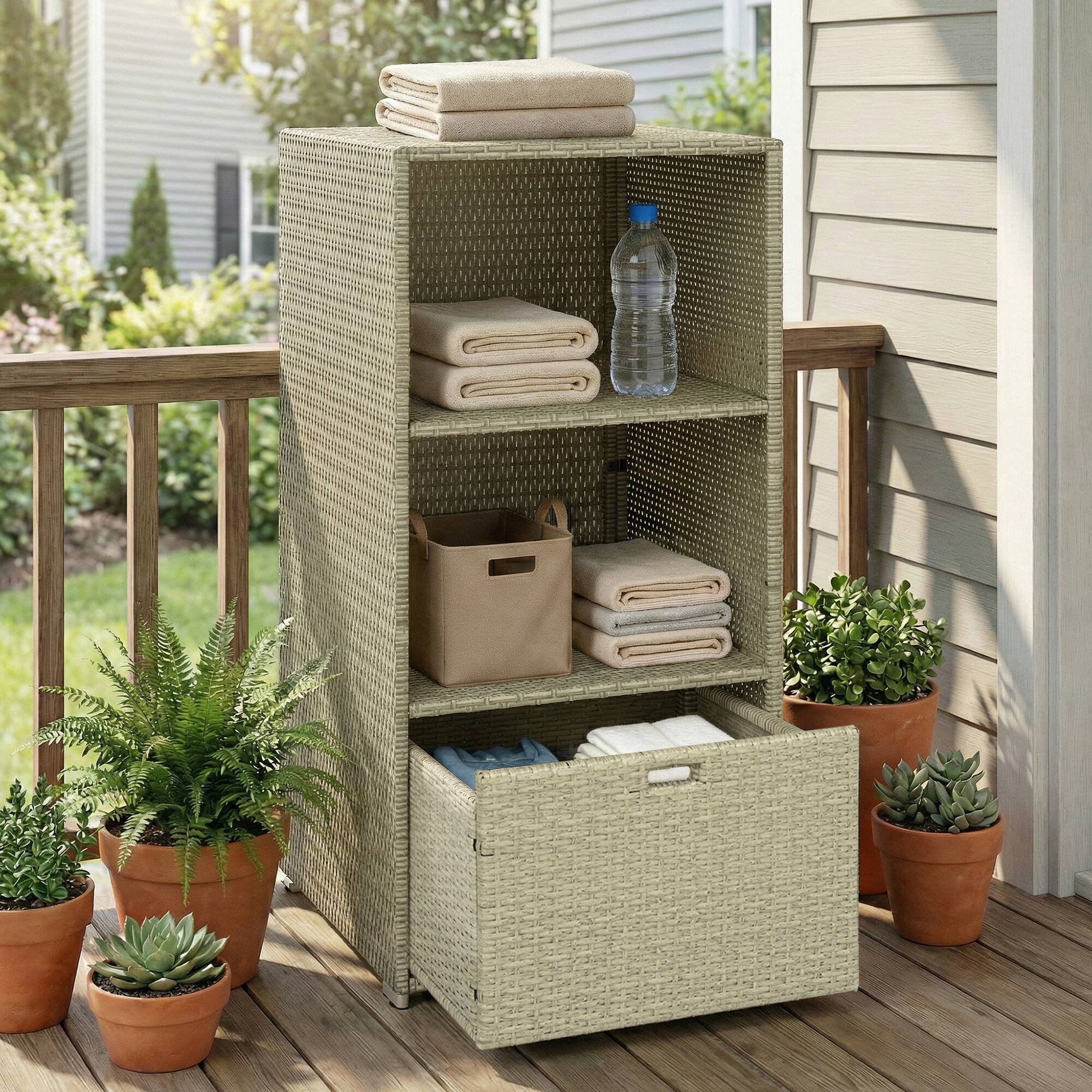 Alt View 1. Outsunny - Pool Towel Rack, Water-Resistant PE Plastic Rattan Wicker Storage Organizer, 2 Shelves - Gray.