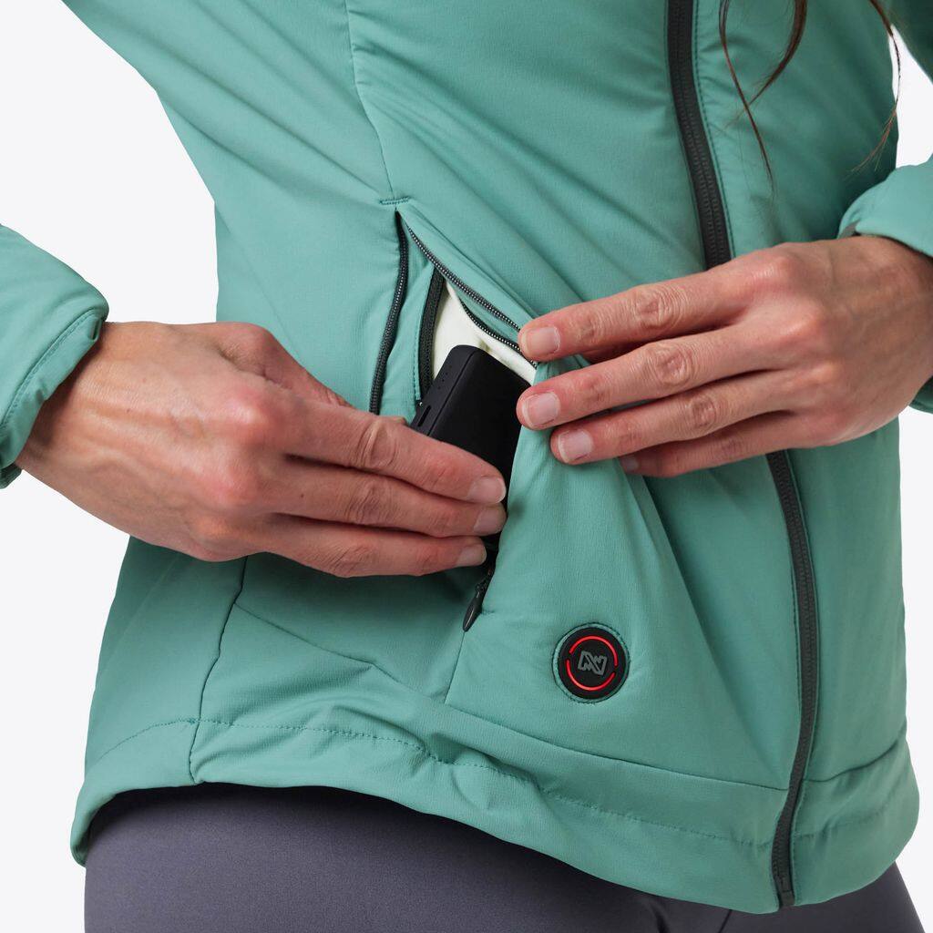 Back. Mobile Warming - App Controlled Women's Luma Heated Jacket - Teal.