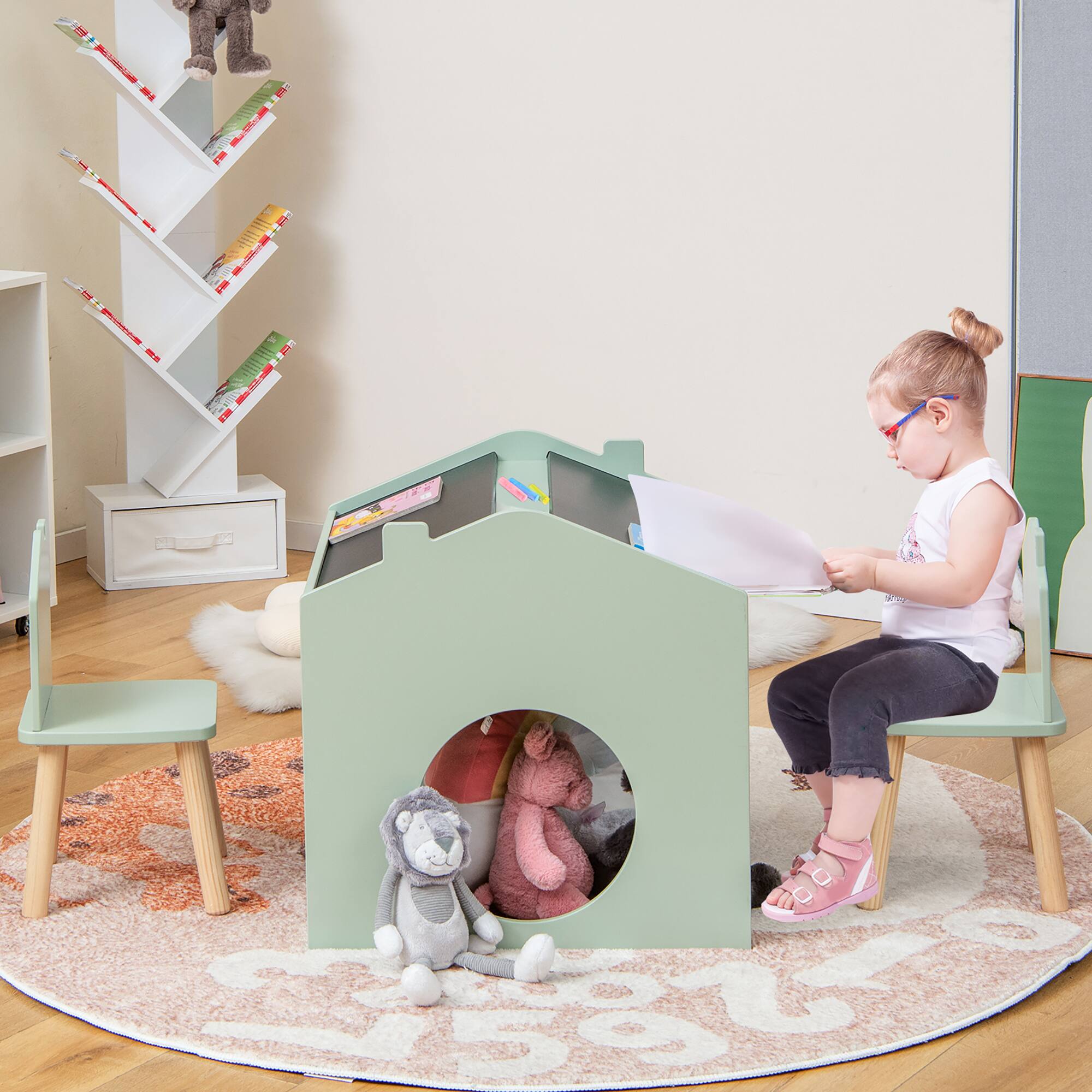 Alt View 1. Costway - Costway 3 Piece Kids Wooden Table and Chair Set with board for Drawing Reading - Green.