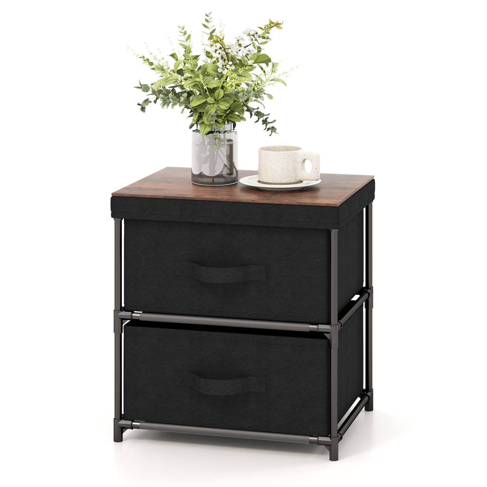 Costway - 2 Drawer Dresser Fabric Storage Organizer Nightstand Bedside Sofa Table - Black/Rustic Brown