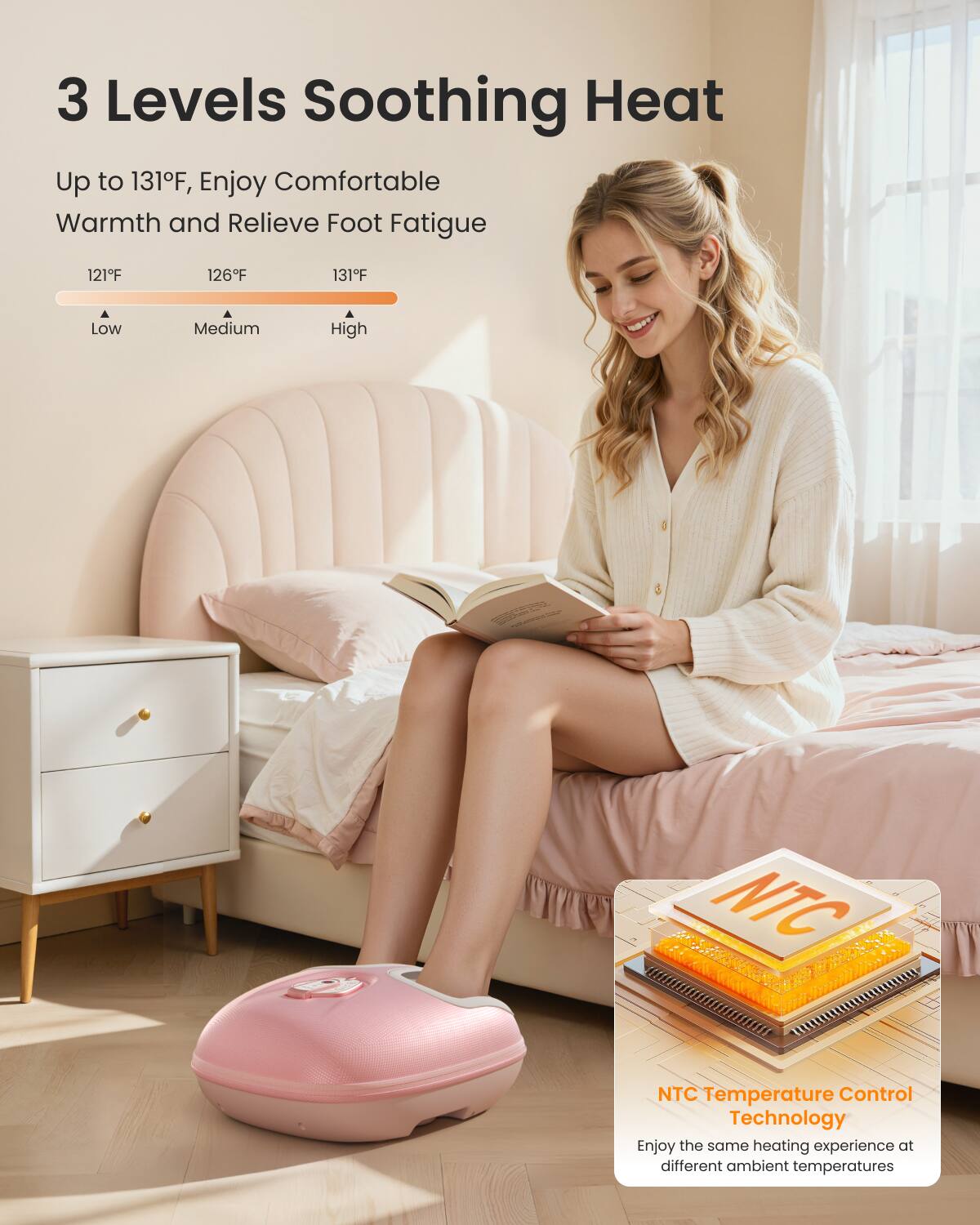 3 Levels Soothing Heat  
Up to 131°F, Enjoy Comfortable Warmth and Relieve Foot Fatigue  

121°F 126°F 131°F  
Low Medium High  

NTC Temperature Control Technology  
Enjoy the same heating experience at different ambient temperatures