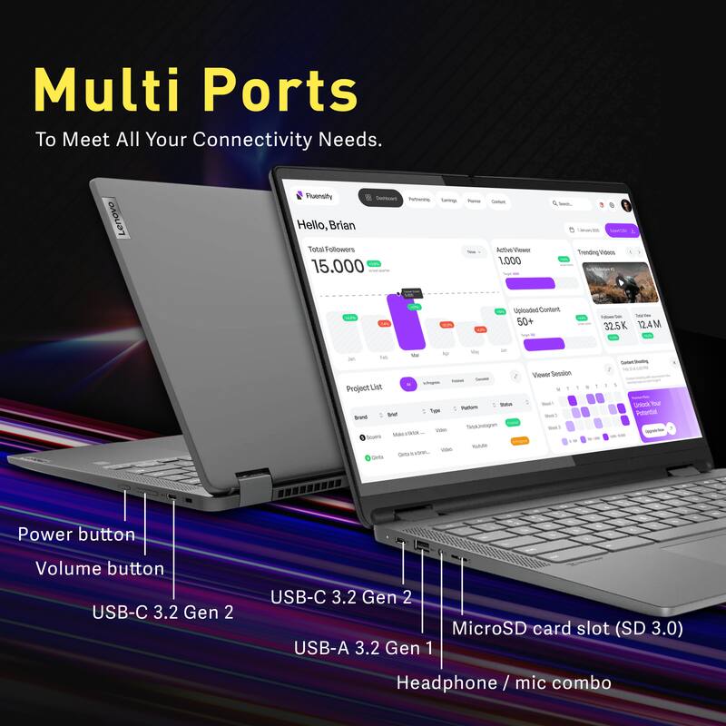 Multi Ports To Meet All Your Connectivity Needs.

Lenovo Fluency LAS n

- Hello, Brian
- Total Followers: 15,000
- Active Viewer: 1,000
- Trending Videos
- Uploaded Content: 50+
- Project List
- Viewer Session

- Power button
- Volume button
- USB-C 3.2 Gen 2
- USB-C 3.2 Gen 2
- MicroSD card slot (SD 3.0)
- USB-A 3.2 Gen 1
- Headphone / mic combo