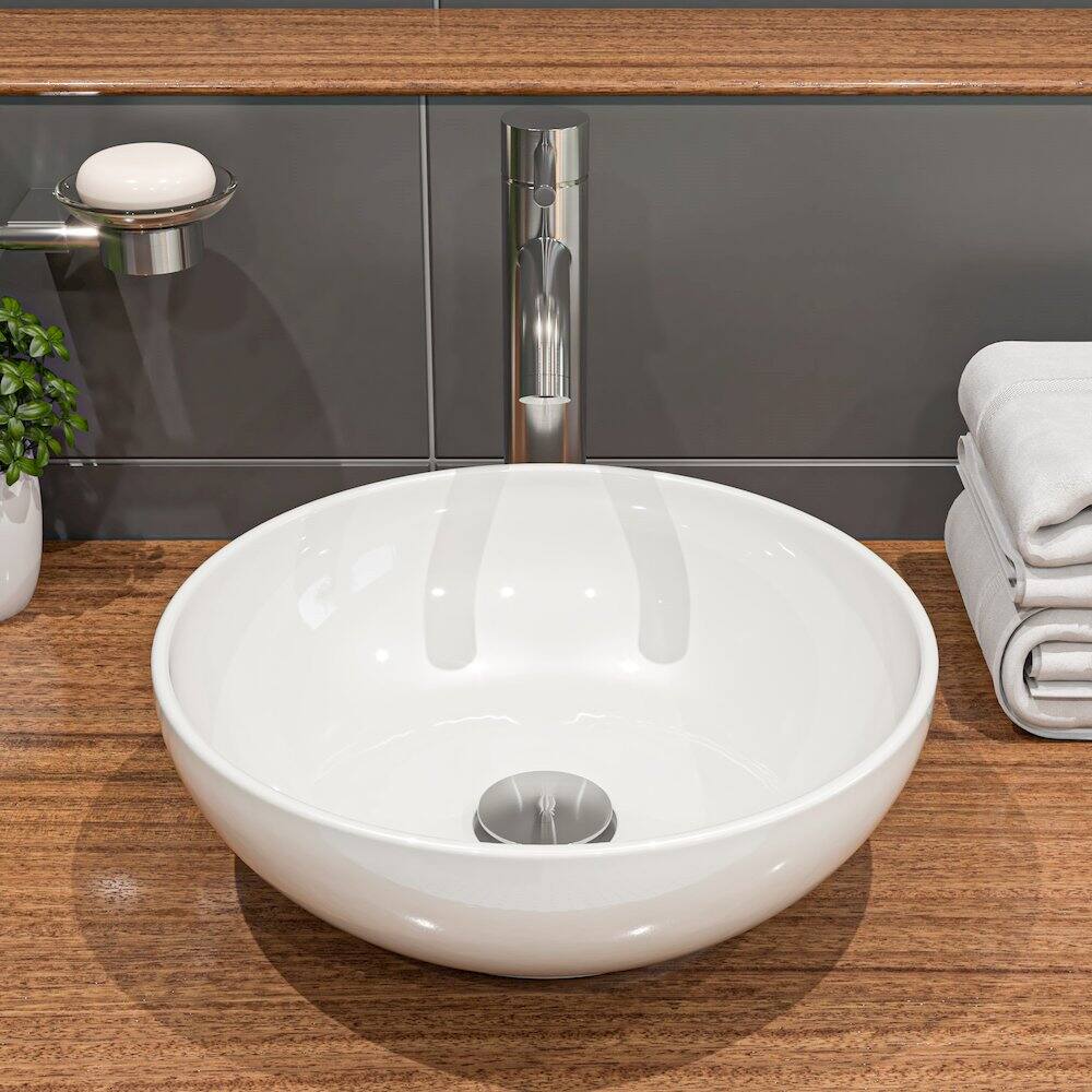 Left. Alfi - White 15" Round Vessel Bowl Above Mount Ceramic Sink - White.