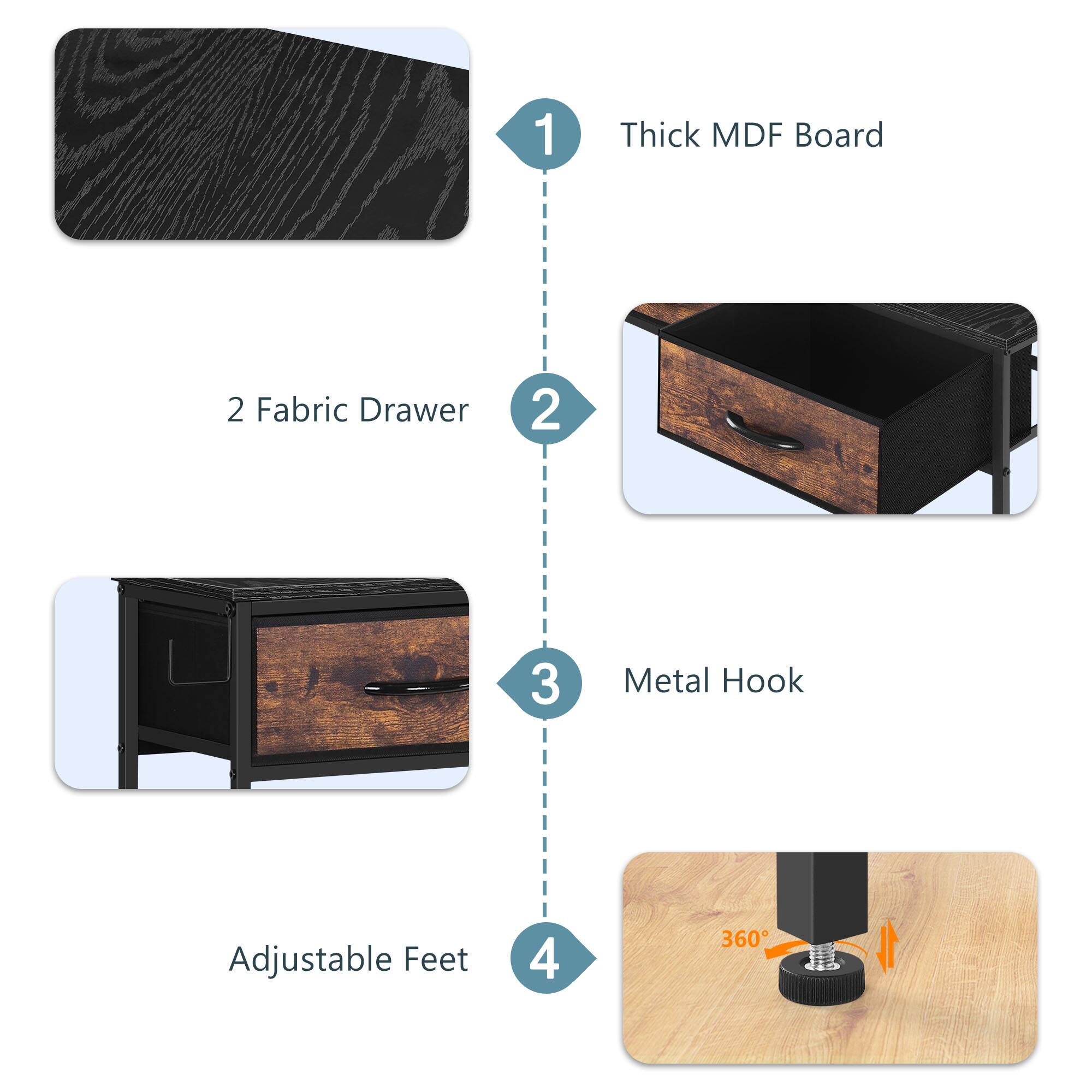 1. Thick MDF Board
2. Fabric Drawer
3. Metal Hook
4. Adjustable Feet