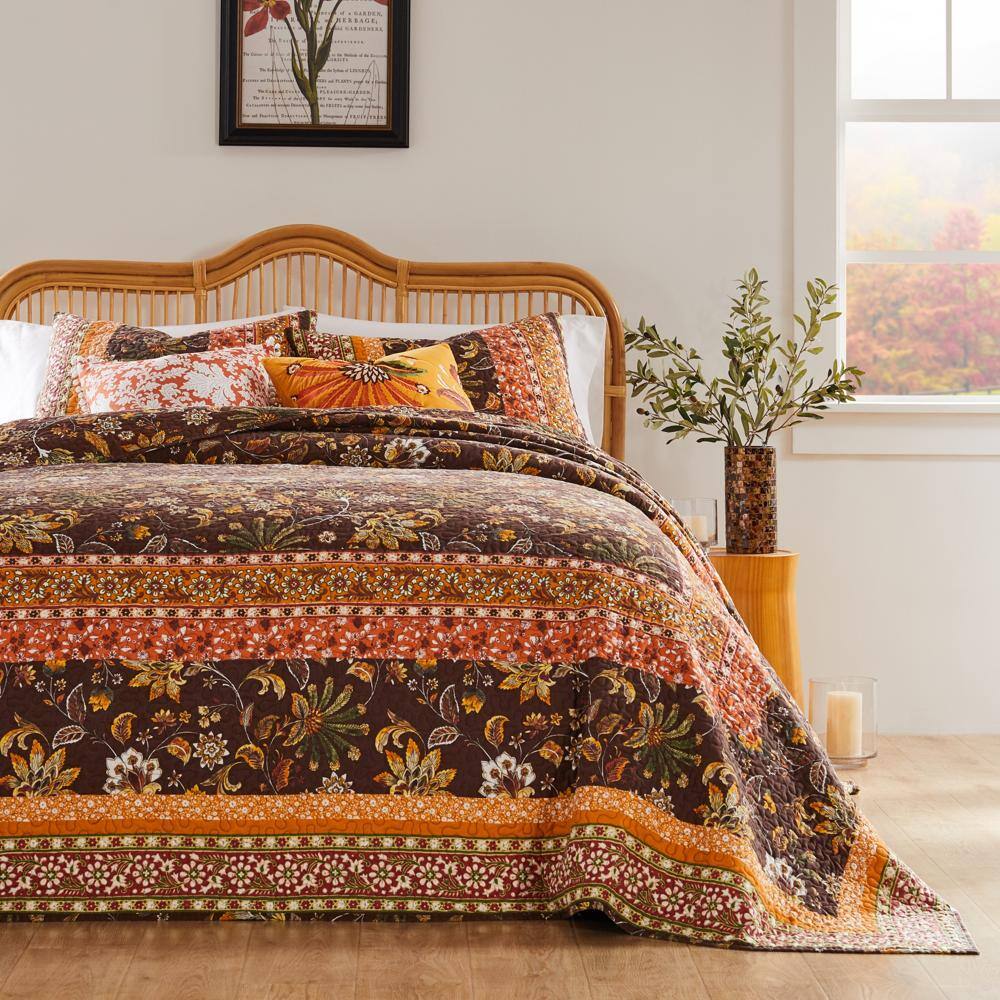 Alt View 1. Barefoot Bungalow - Barefoot Bungalow Audrey Chic Boho Jacobean Fern and Floral Prints Bedspread Set 3-Piece Queen Chocolate - Chocolate.