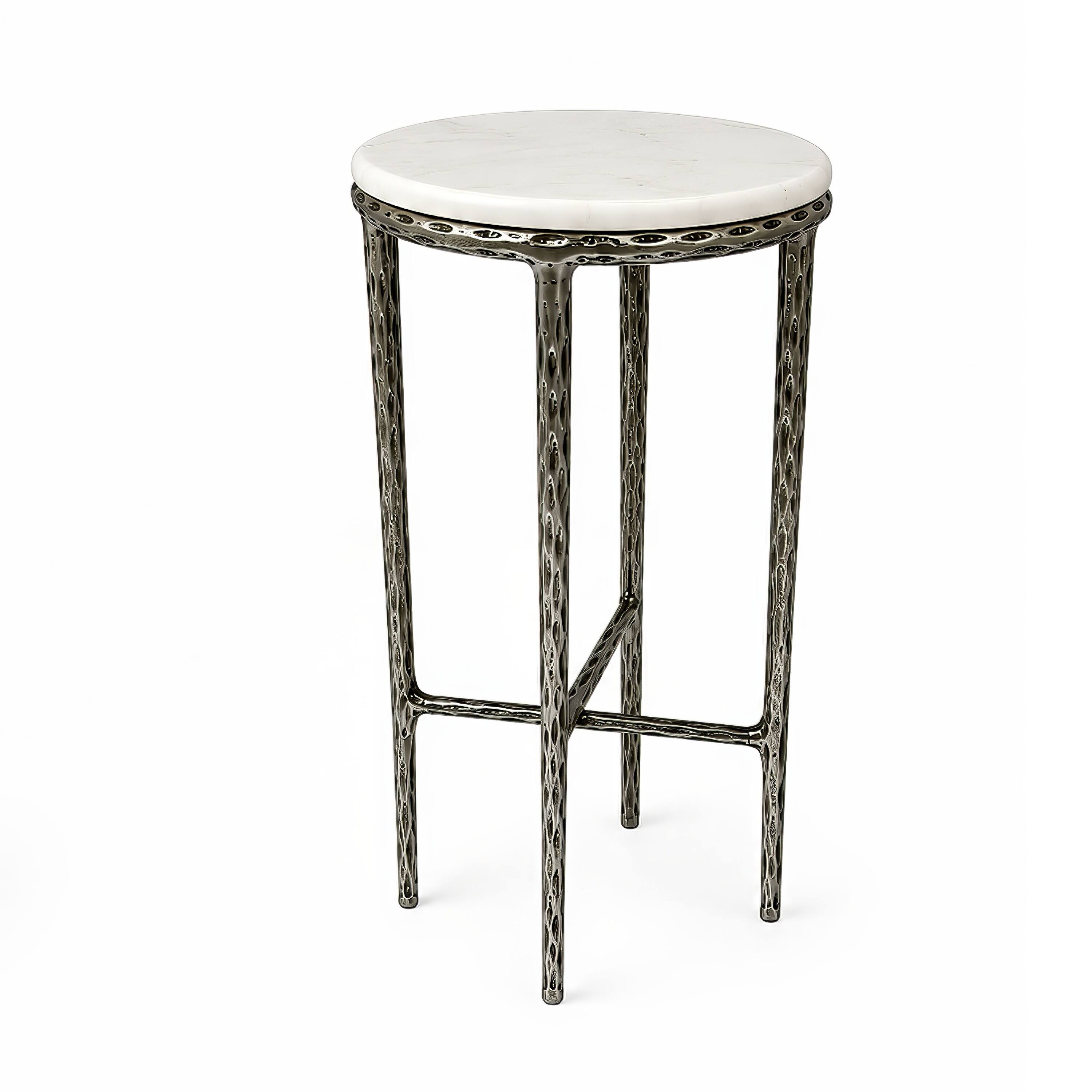 Back. Manhattan Lane - Minza Accent Side End Table, Modern White Marble Round Top, Hand Forged, Hammered Antique Nickel Finish, 24 Inch - Silver, White.