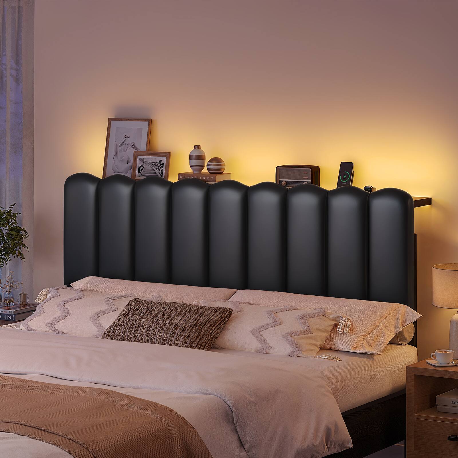 Alt View 1. Pinmoco - Metal Upholstered Headboard Height Adjustable Headboard with LED Light, Charging Station - PU Black.