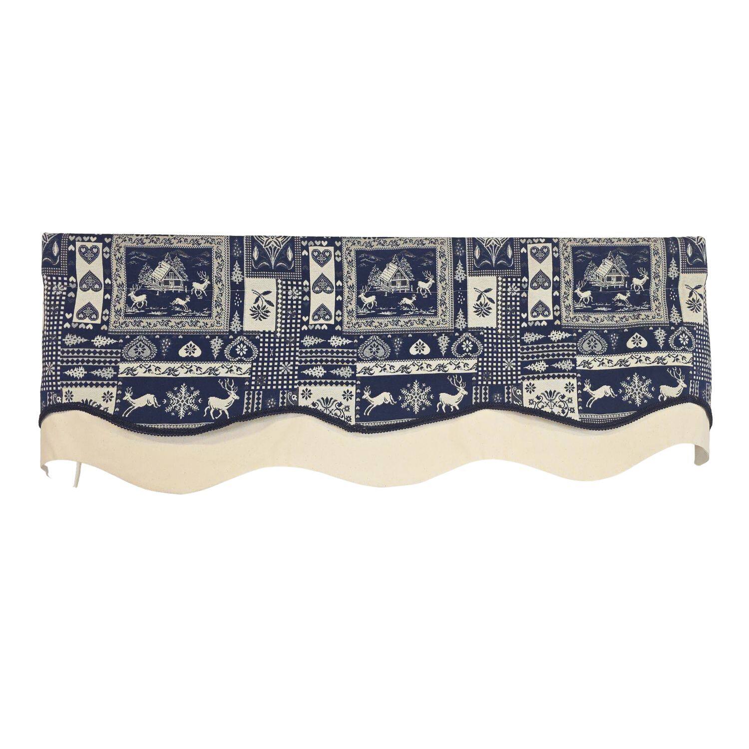 Left. RLF Home - RLF Home 100% Cotton Lakewood Trimmed Glory Lined Window Valance 50" x 17" Navy - Navy.
