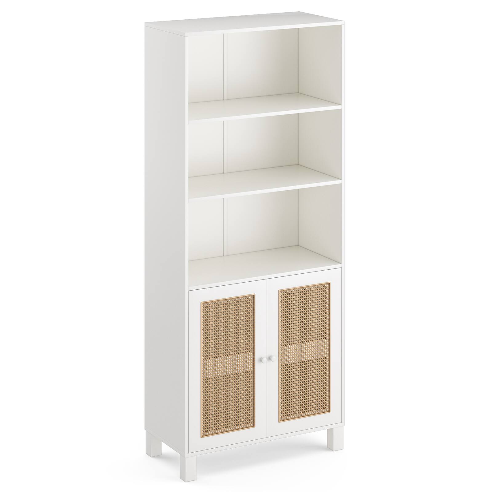 Left. TinyHomie - Tall Bookcase with Rattan Doors 5 Tier Storage Wood Shelves Large Bookshelf - White.
