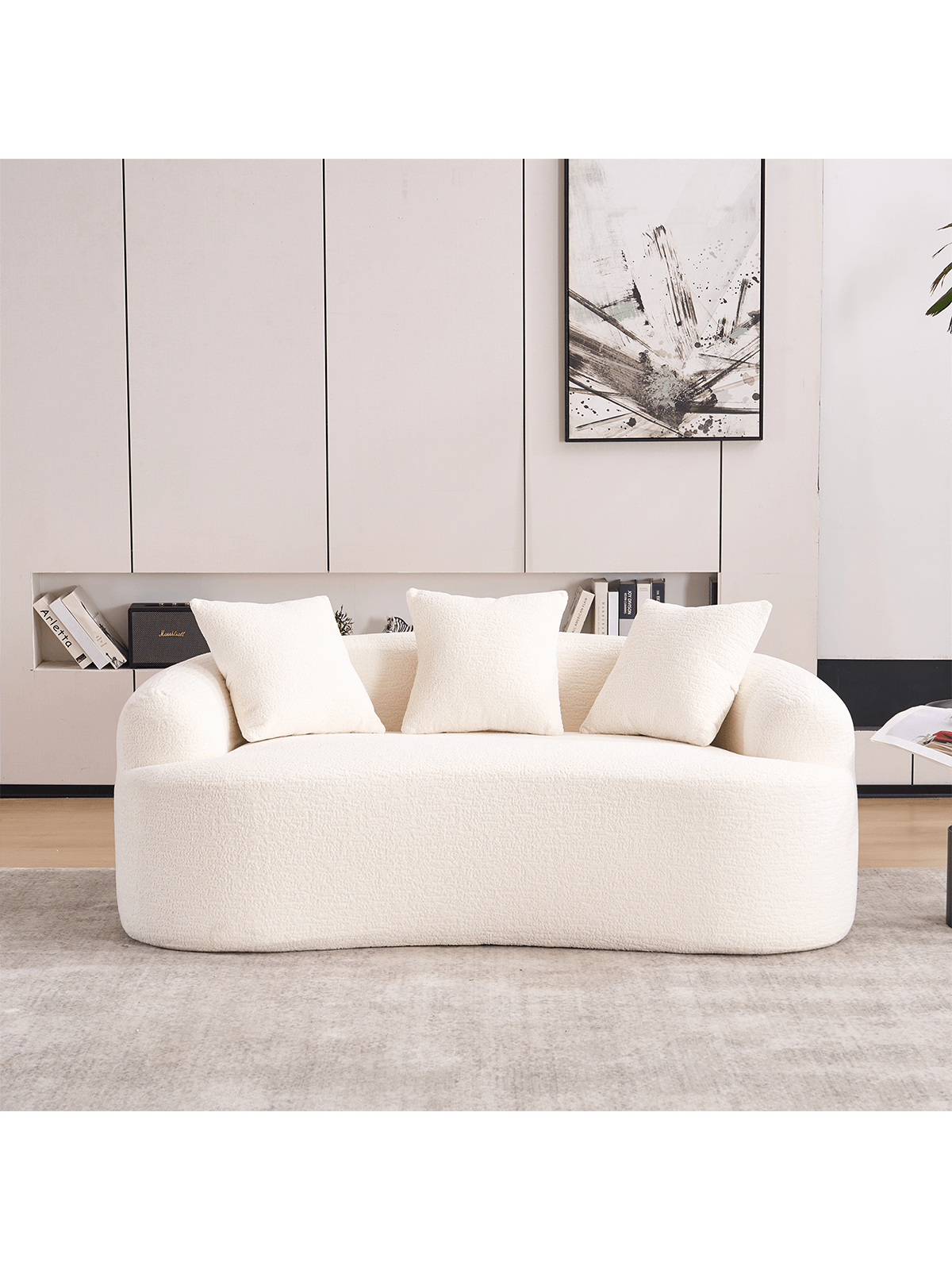 Alt View 7. Trinkets Crazed - 65" Curved Small Loveseat Sofa,Cozy Chenille Upholstered Couch With 3 Pillows,Modern Deep Seat Cloud Couch - White.