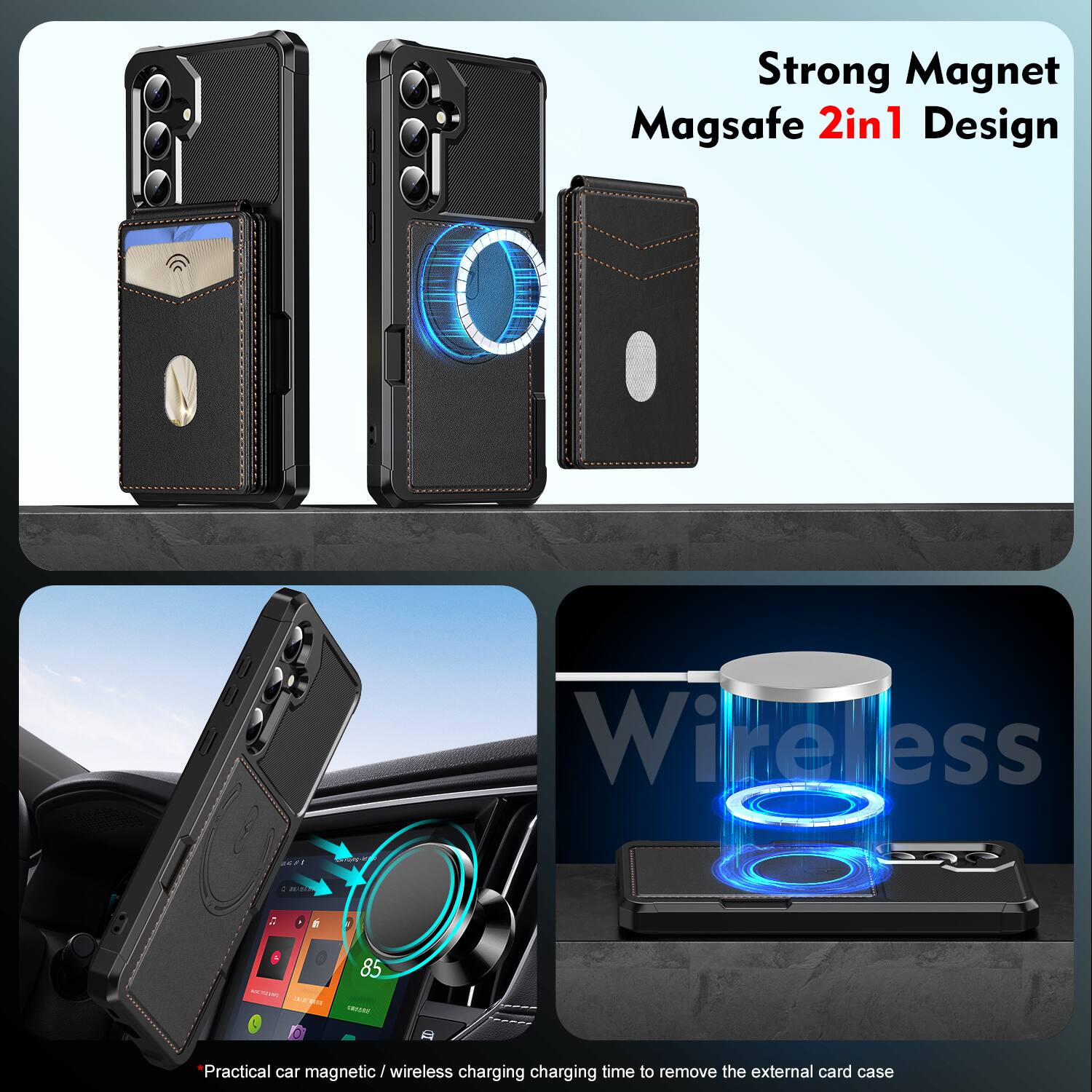 Strong Magnet Magsafe 2in1 Design

Practical car magnetic / wireless charging charging time to remove the external card case