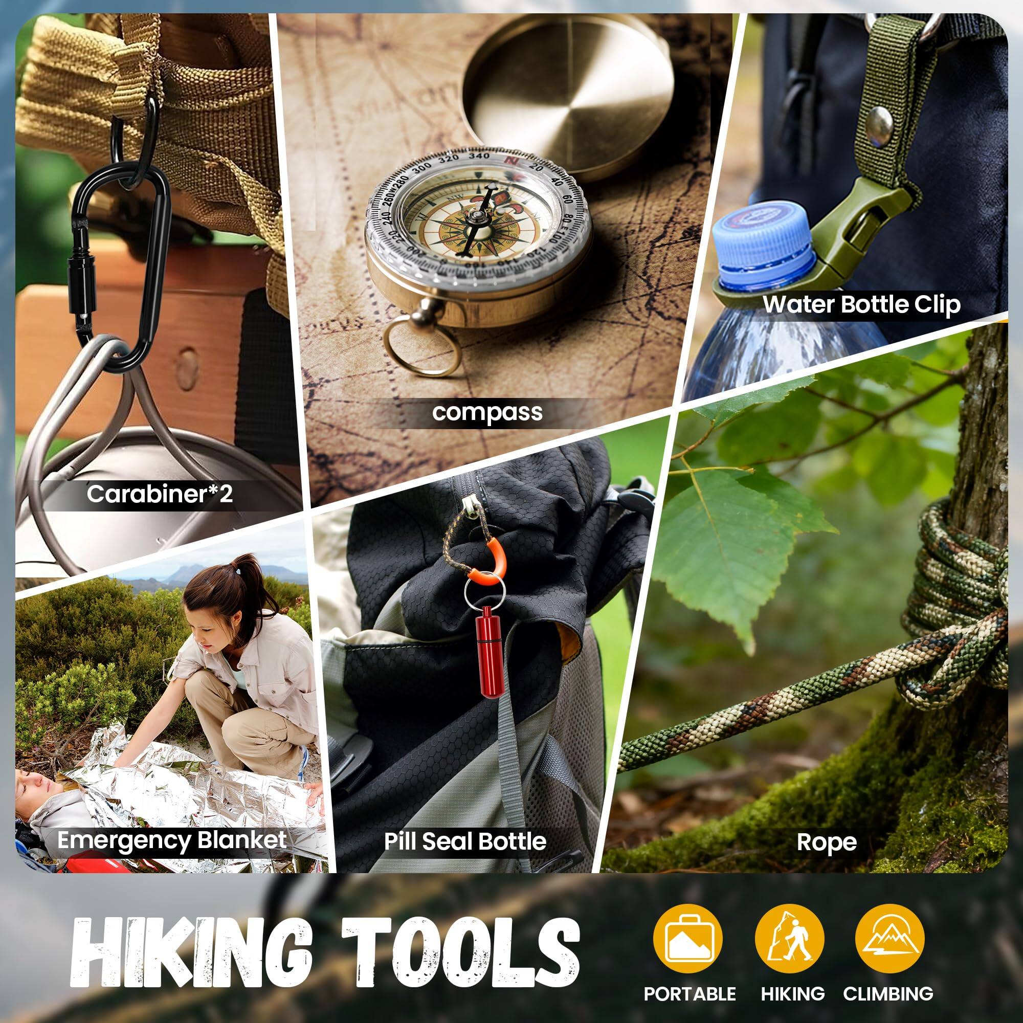 Sure, here is the corrected and grouped text from the image:

---

**HIKING TOOLS**

- Carabiner*2
- Compass
- Water Bottle Clip
- Emergency Blanket
- Pill Seal Bottle
- Rope

**PORTABLE**  
**HIKING**  
**CLIMBING**

---