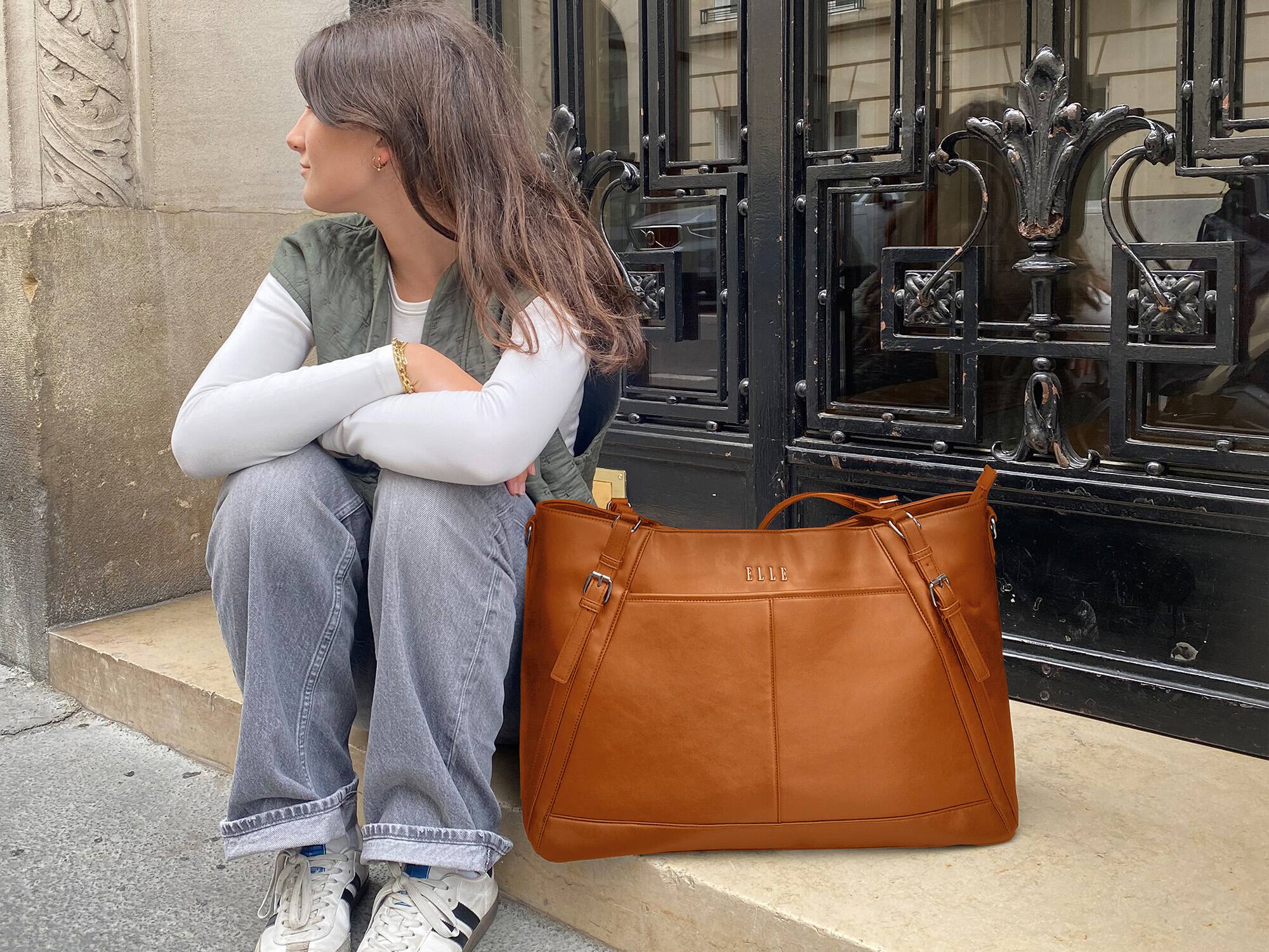 Alt View 6. Elle - ELLE Leisure Luxe 33L Vegan Leather Weekender Duffel Bag | Brown - Brown.