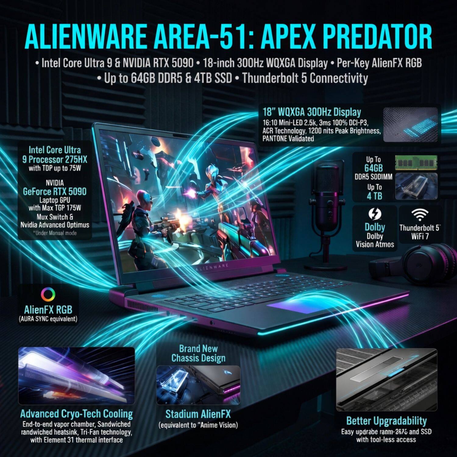 ALIENWARE AREA-51: APEX PREDATOR

- Intel Core Ultra 9 & NVIDIA RTX 5090
- 18-inch 300Hz WQXGA Display
- Per-Key AlienFX RGB
- Up to 64GB DDR5 & 4TB SSD
- Thunderbolt 5 Connectivity

Intel Core Ultra 9 Processor 275HX with TDP up to 75W  
NVIDIA GeForce RTX 5090 Laptop GPU with Max TGP 175W  
Nvidia Advanced Optimus  
*Under Manual mode

18" WQXGA 300Hz Display  
16:10 Mini-LED 2.5k, 3ms 100% DCI-P3, ACR Technology, 1200 nits Peak Brightness, PANTONE Validated

Up to 64GB DDR5 SODIMM  
Up to 4TB SSD

Dolby Vision Atmos  
Thunderbolt 5  
WiFi 7

AlienFX RGB (AURA SYNC equivalent)

Brand New Chassis Design

Advanced Cryo-Tech Cooling  
End-to-end vapor chamber