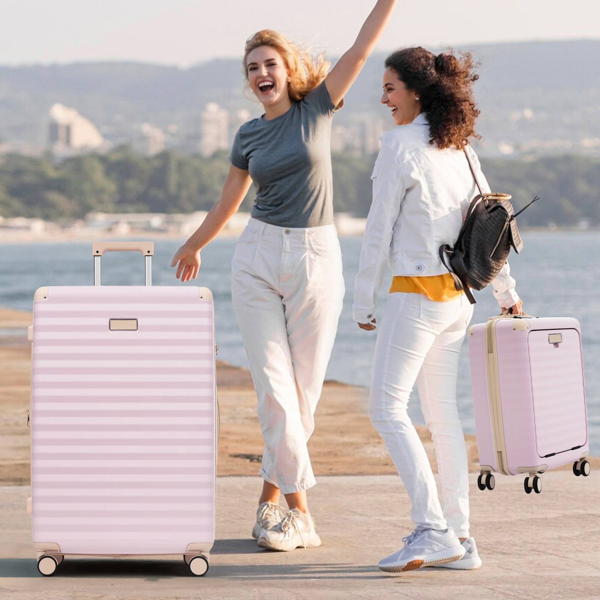 Alt View 8. Ecooso - 5-Piece Expandable ABS Spinner Luggage Set with TSA Lock, USB Port Carry-On, Cup Holder, Duffel, and Toiletry Bag - Pink.