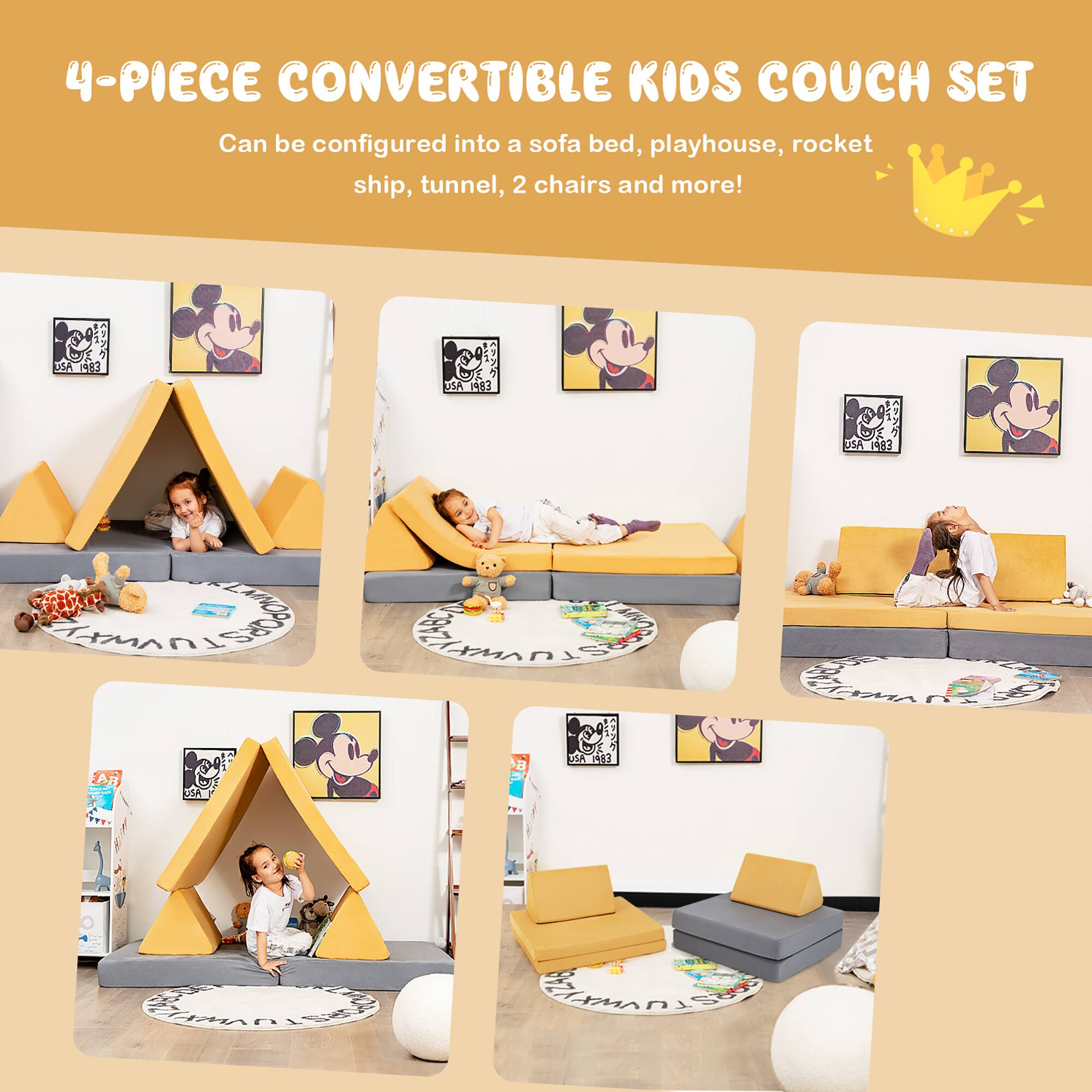 4-PIECE CONVERTIBLE KIDS COUCH SET  
Can be configured into a sofa bed, playhouse, rocket ship, tunnel, 2 chairs and more!