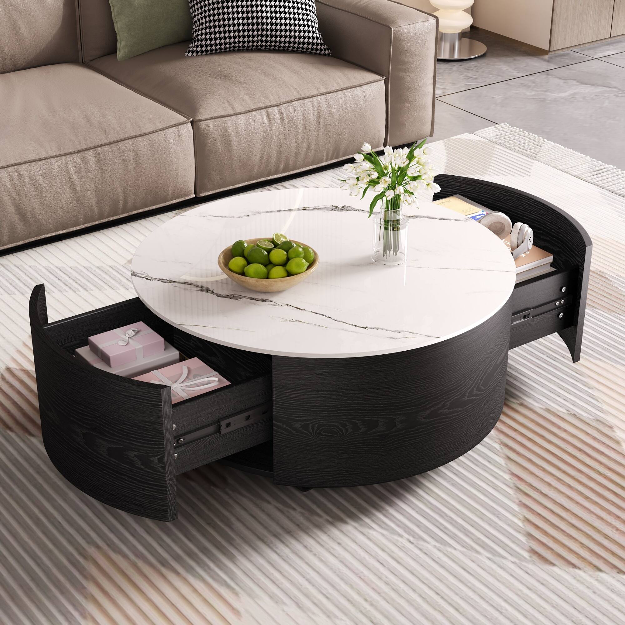 Tiramisubest - Modern Round Movable Coffee Table with Casters, 2 Drawers, Marble Pattern Sintered Stone Top, 29.5" - Black