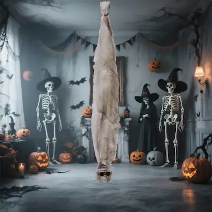 Front. Winado - 3FT Halloween Hanging Cocoon Skeleton with Motion, Sound, Scary Ghost Prop for Outdoor Yard Patio Lawn Garden Decoration - White.