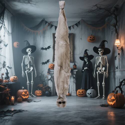 Front. Winado - 3FT Halloween Hanging Cocoon Skeleton with Motion, Sound, Scary Ghost Prop for Outdoor Yard Patio Lawn Garden Decoration - White.
